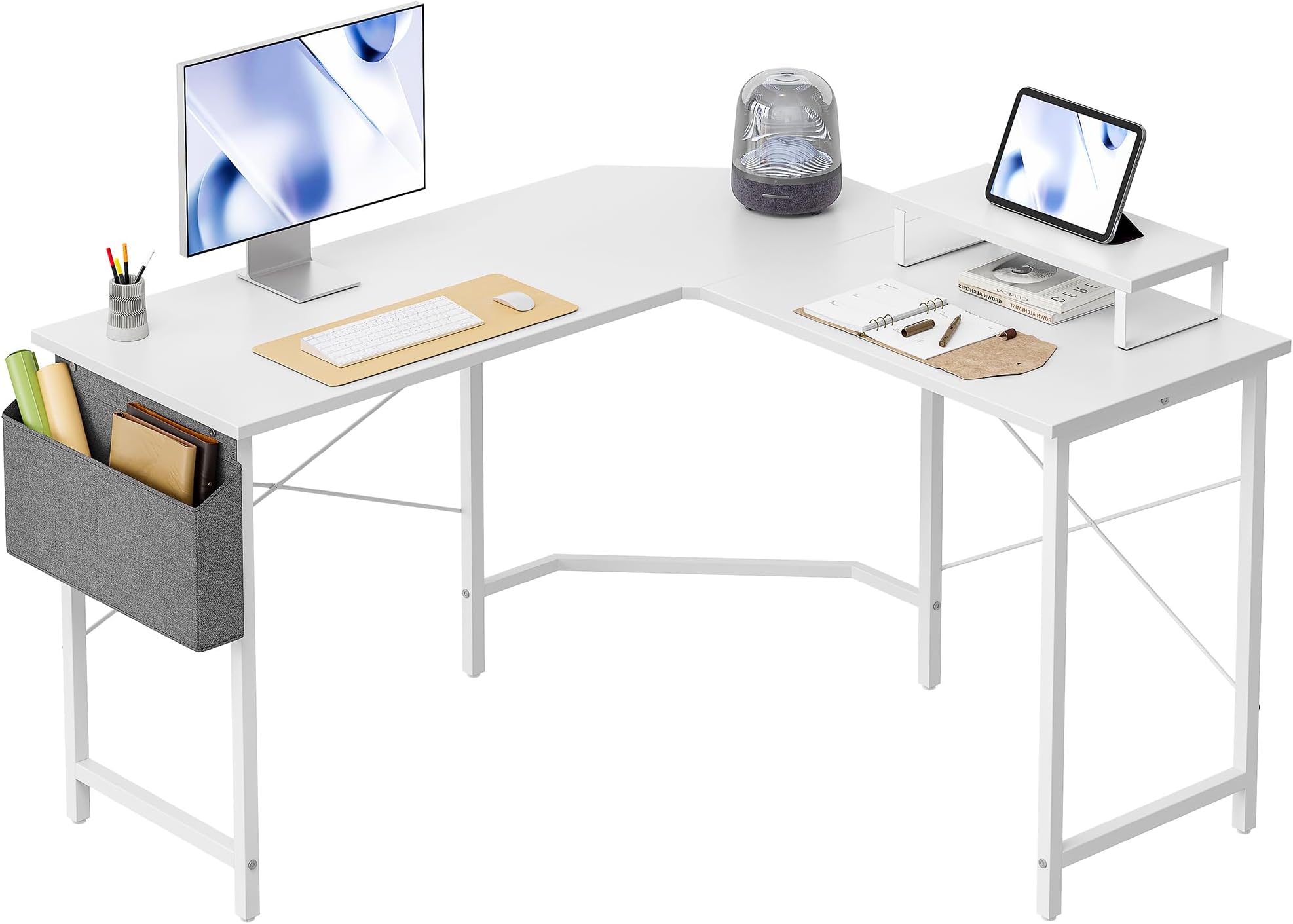 Cubiker L Shaped Gaming Desk, 120 cm Computer Corner Desk with Monitor Shelf for Home Office Study Writing Workstation, White top