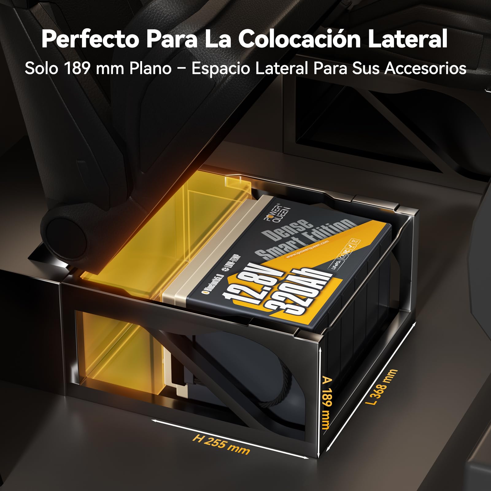Power Queen Batería Litio 12V 320Ah Mini Bluetooth 189mm Bajo Asiento | LiFePO4 4096Wh,BMS 200A & Protección Baja Temperatura,Hasta 15000 Ciclos para Autocaravana Camper Van,Placa Solar
