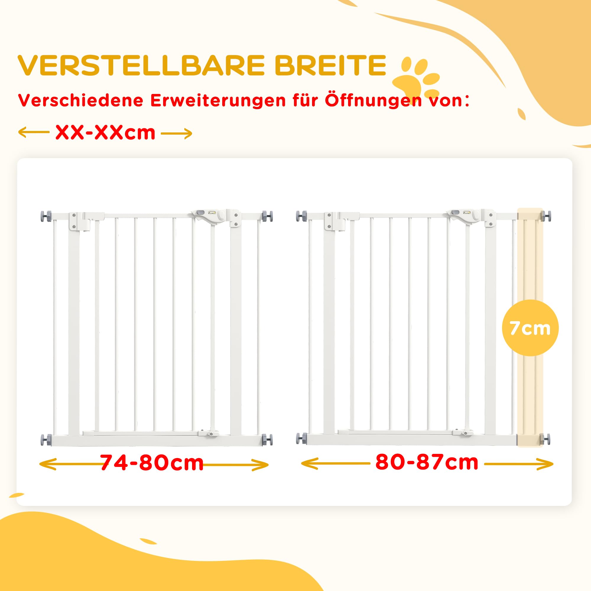 PawHut Türschutzgitter Treppenschutzgitter mit 7 cm Verlängerung, ohne Bohren, Auto-Close, für Breiten 74-87 cm, beidseitig schwenkbar, Metall Weiß