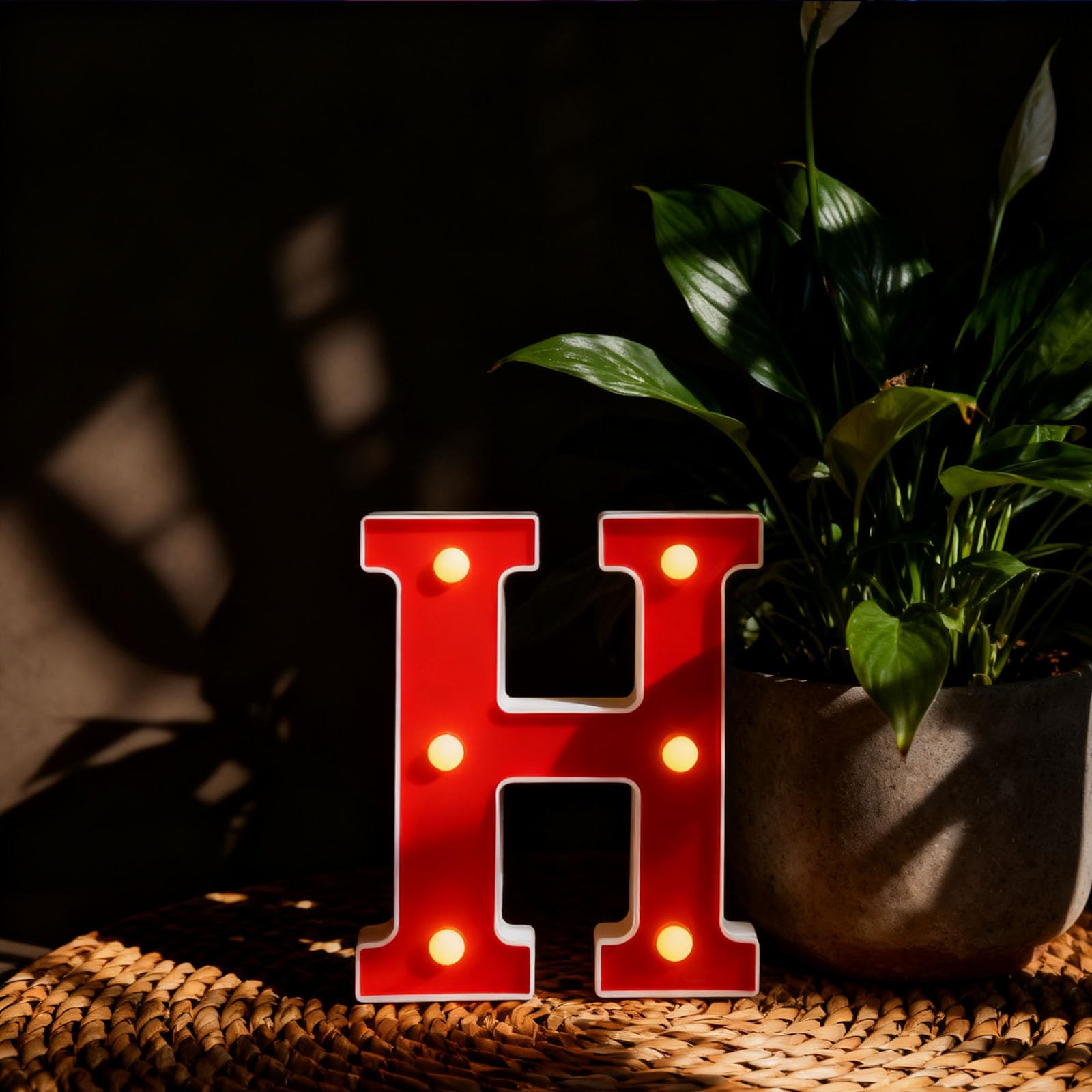 Letter H Sign Lights Battery Powered Decoration Table Lamp Red LED Night Light for Home Living Room Decor, Office Workstations, Homestay/Hotel Rooms(6.26"*5.59"*1.18")