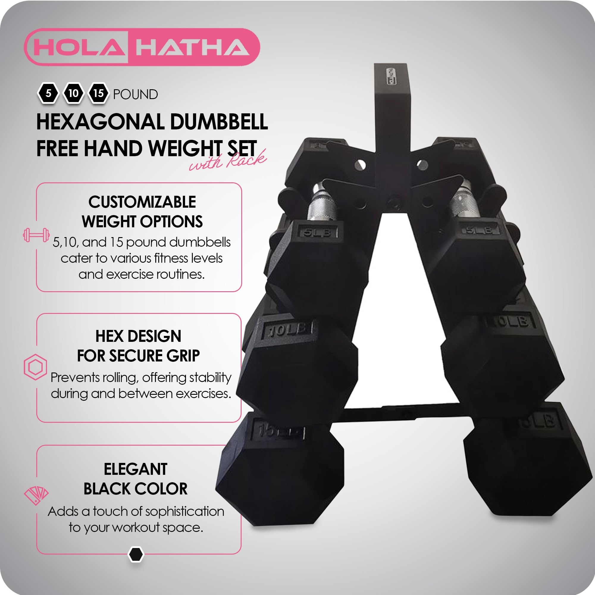 HolaHatha Hexagonal Dumbbell Weight Set w/ Rack, Home Gym Workout Equipment, 5/10/15 lbs