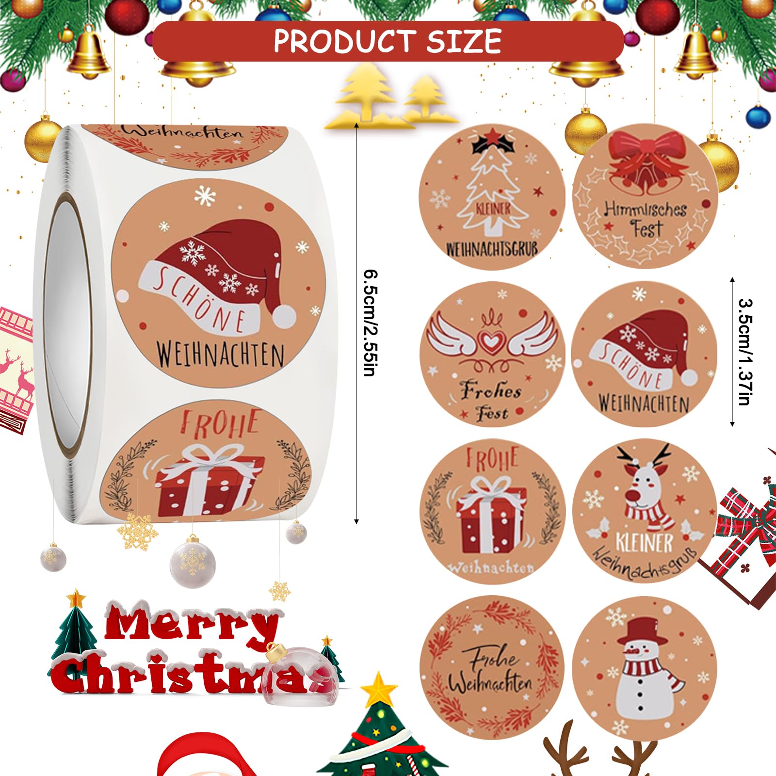 500 Stück Weihnachts-Aufkleber – Rund, 3,5 Cm Durchmesser, Aus Kraftpapier – Selbstklebend Für Geschenke & Deko