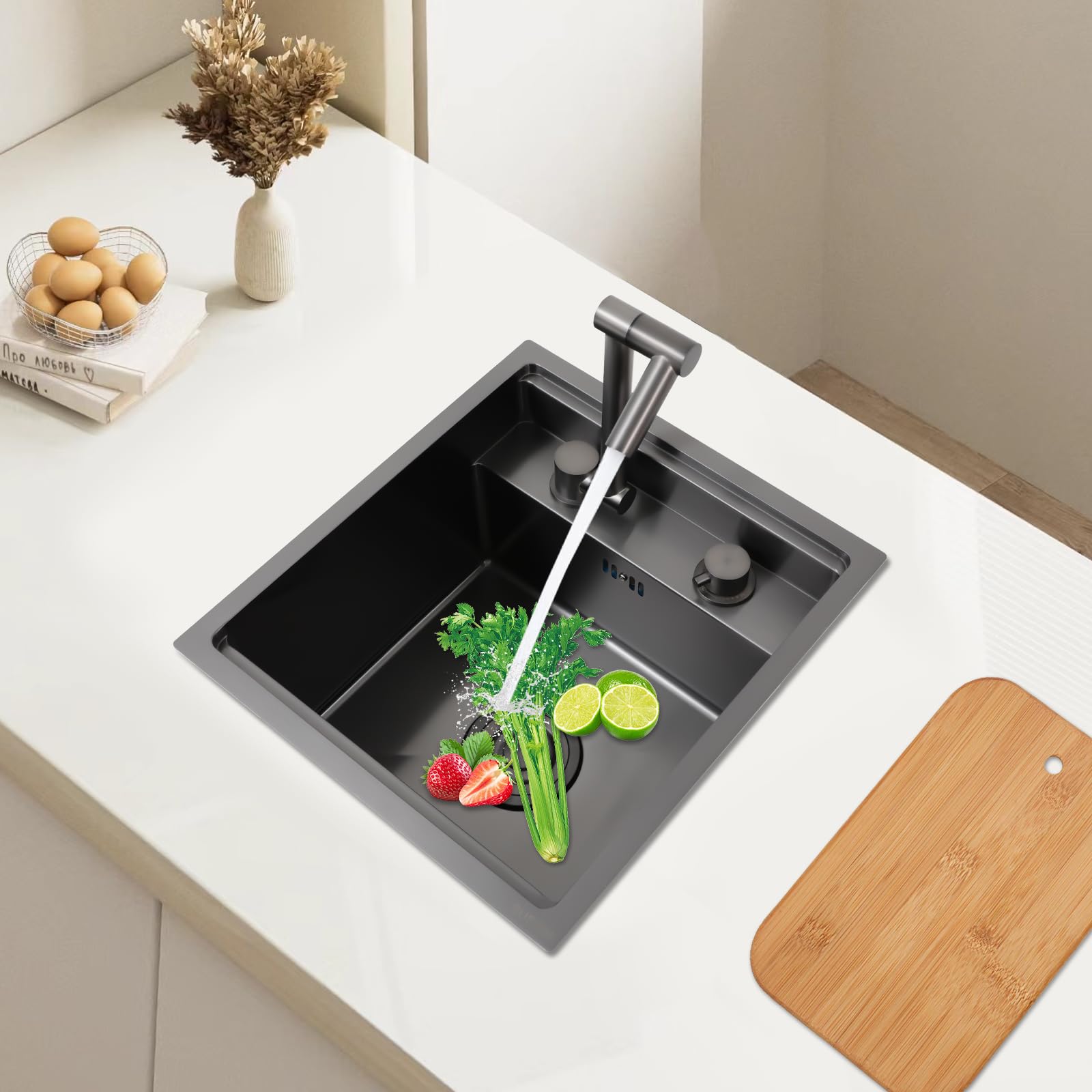 Lavabo de Cocina en Acero Inoxidable 304 con Nanocubrimiento, Fregadero de Encimera con Tapa y Grifo Cerámico, Bajo y Filtro Antiatascos para Cocinas, Bares y Cafeterías, 43x39x23 cm, Negro