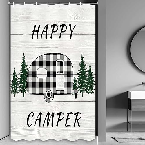 MERCHR Happy Camper - Cortina de ducha para caravana, remolque a cuadros de búfalo con árboles en casa de campo, tela de madera gris rústica,