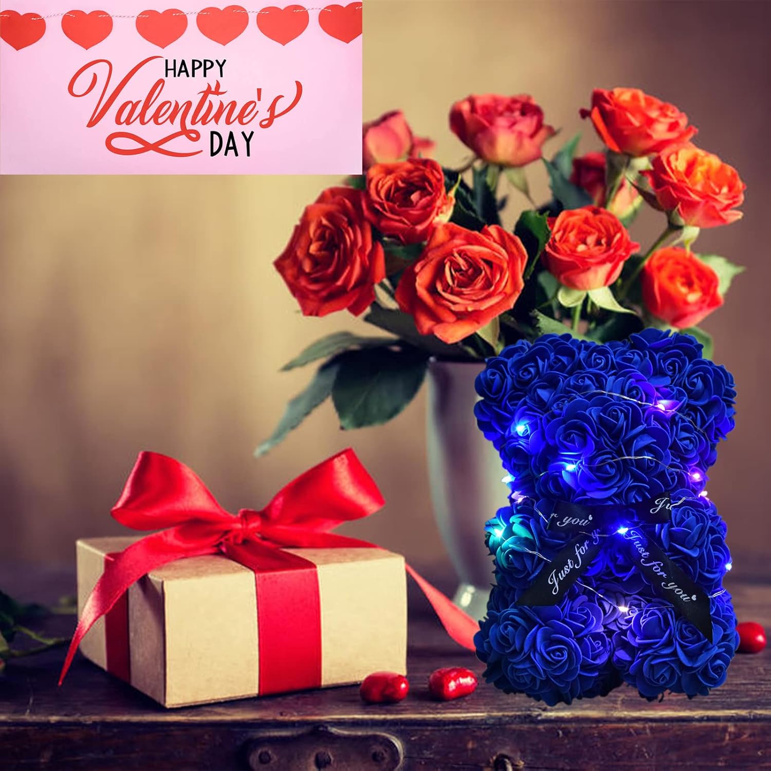 Artificial Rose Flower Bear,Perfect Romantic Gift for Her, Valentine's Mother's Day, Christmas, Birthday,Thanksgiving Party Anniversary Girl Friend Wife with Heart-Shaped Diamond,Sapphire Bule - Image 7