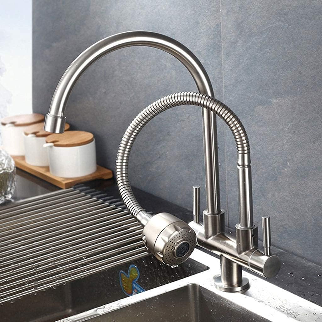 OKUOKA Repair Kit Fashion Universal Pipe Kitchen Faucet 360 Rotation 304 Stainless Steel Kitchen Faucet Double Tube Double Outlet Sink Faucet Suitable for Kitchen, Bathroom
