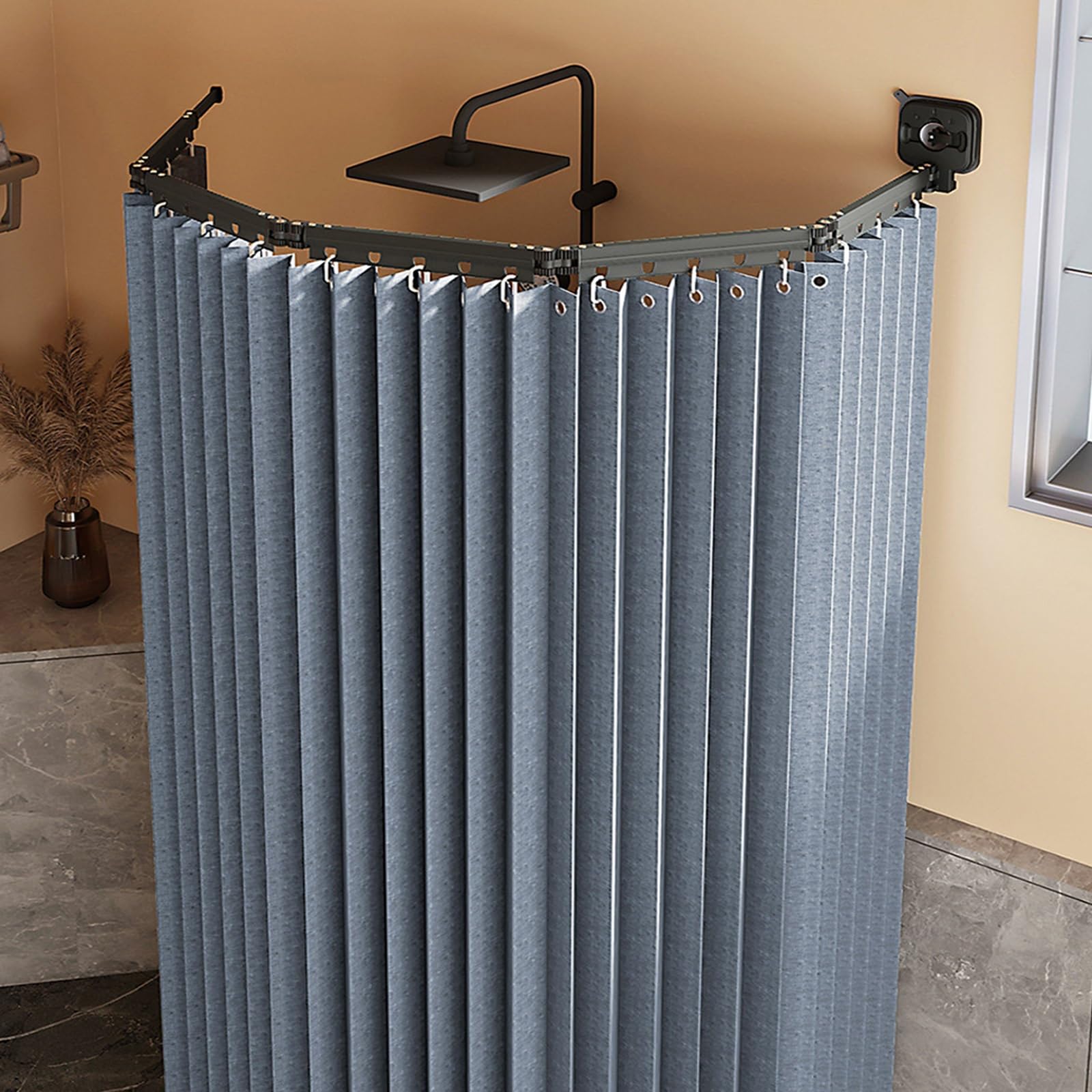 GLDYTVF WallMounted Foldable Shower Curtain Rod NoDrill Suction Cup Waterproof Linen Curtain Adjustable Angle SpaceSaving Design for Bathrooms (GrayBlue 5 Folds)