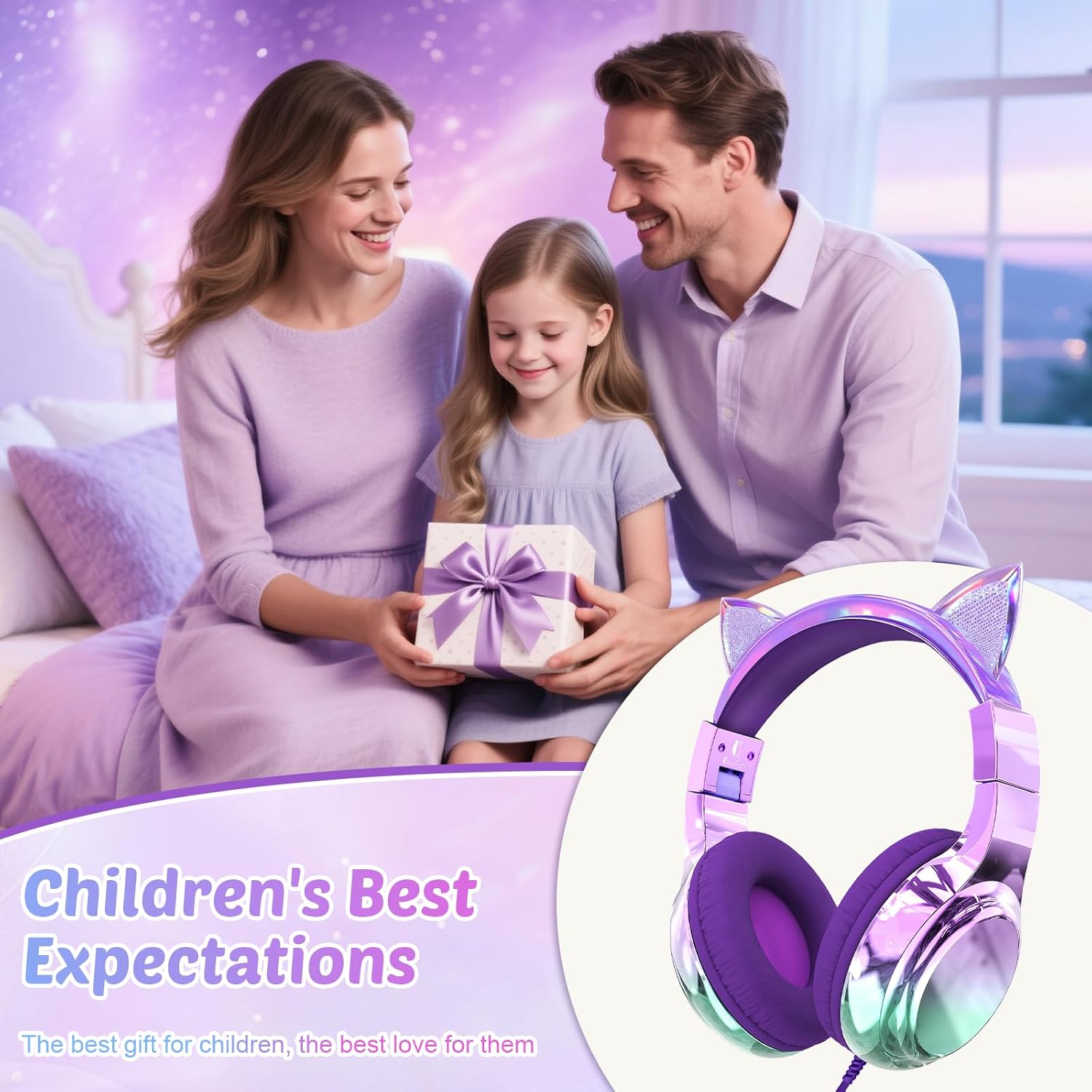 QearFun Kids Cat Ear Headphones with USB C for Girls with Microphone, 85/94dB Safe Volume Limiter, Tangle-Free Cord, Share Port, Foldable Sparkly Wired Headset for School, Travel, Tablet, iPad
