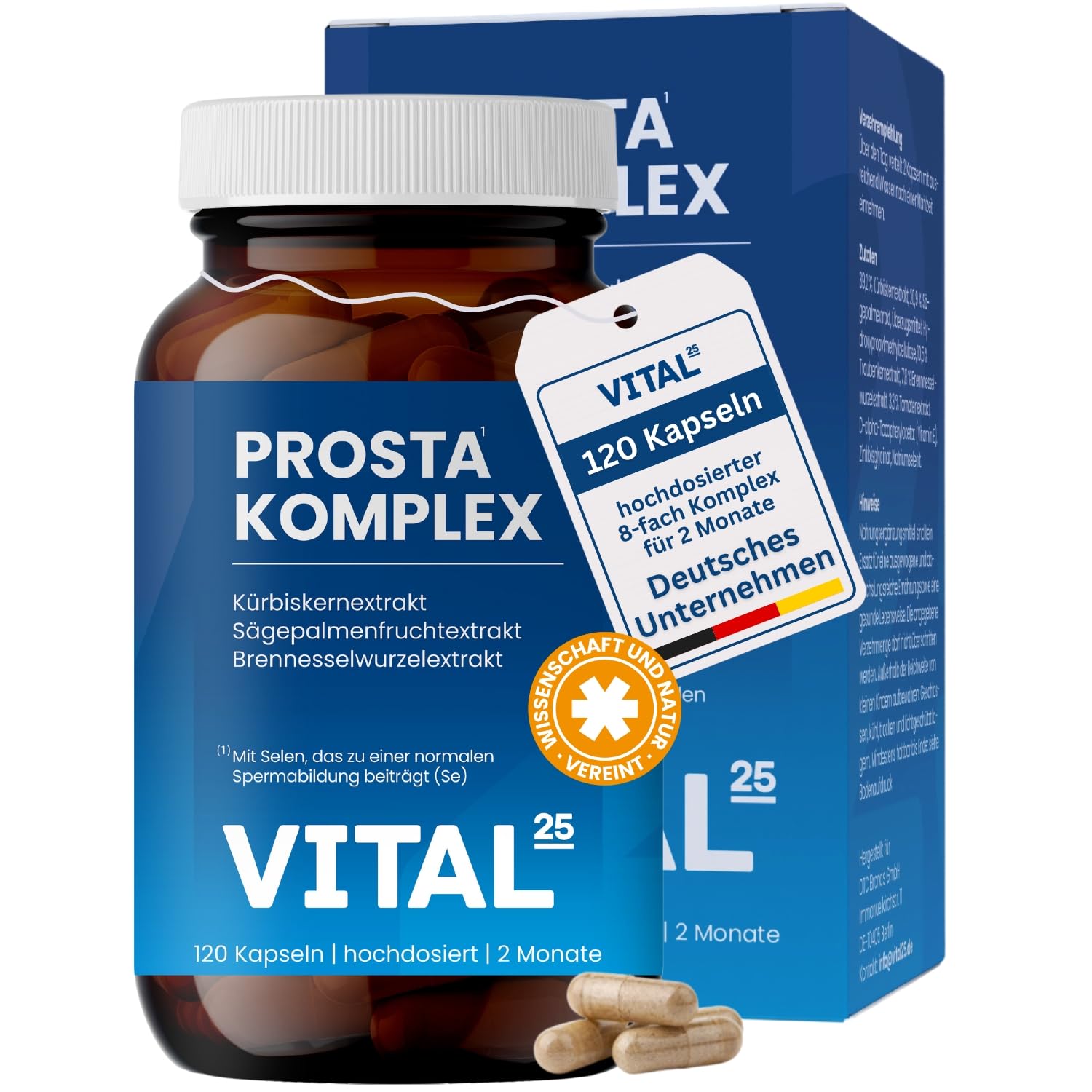 Prosta Komplex Kapseln mit Sägepalmenextrakt, Kürbiskern, Brennnessel, OPC, Lycopin, Vitamin E, Zink, Selen - hochdosiert & vegan - im Braunglas - 120 Kapseln für 2 Monate