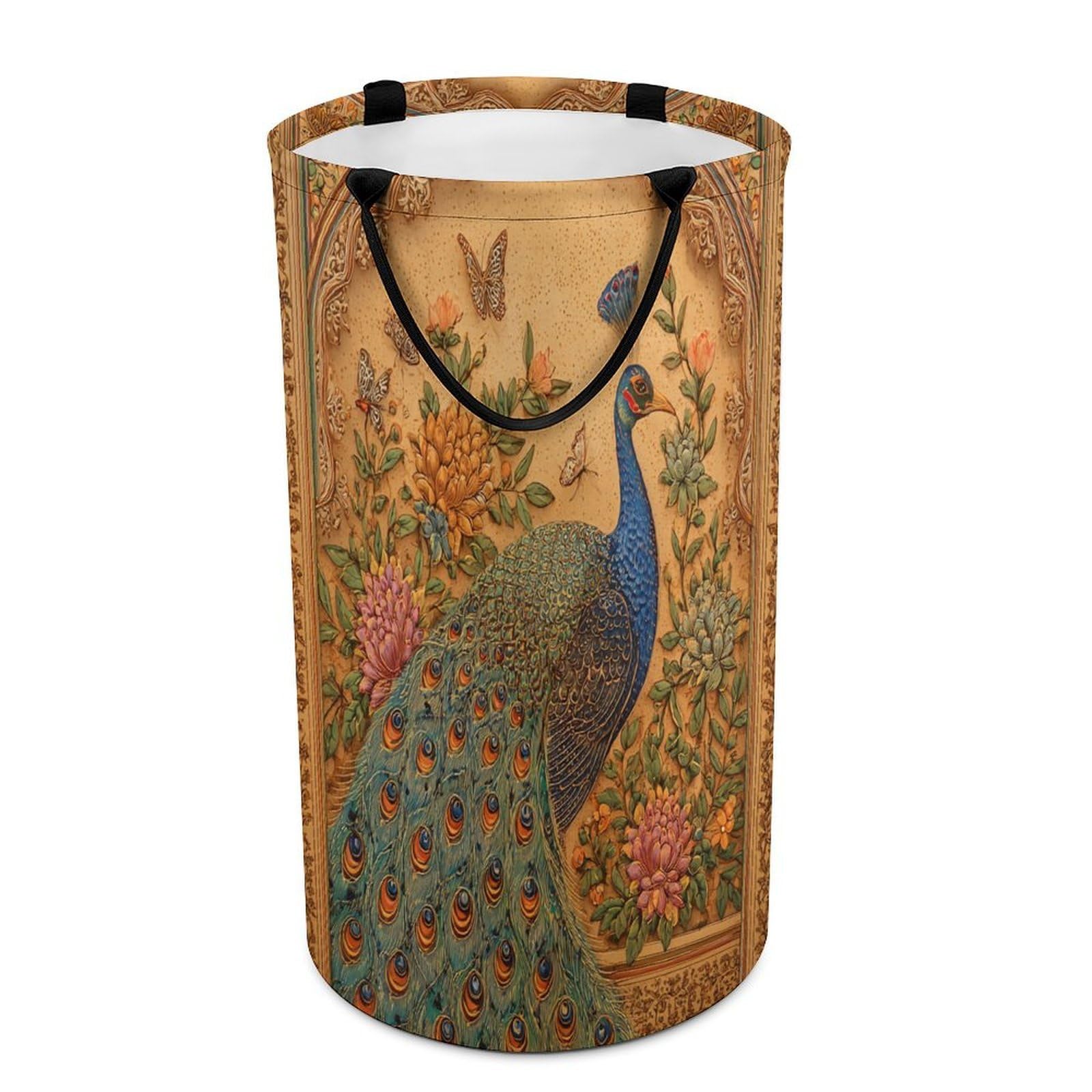 LUYYSKY Retro Abstract Elegant Peacock Versatile Storage Laundry Basket, Vintage Bohimian Animal Butterflies Peacock Botanical Flowers Large Bathroom Laundry Hamper With Handle-40 CM Dia, 69 CM High