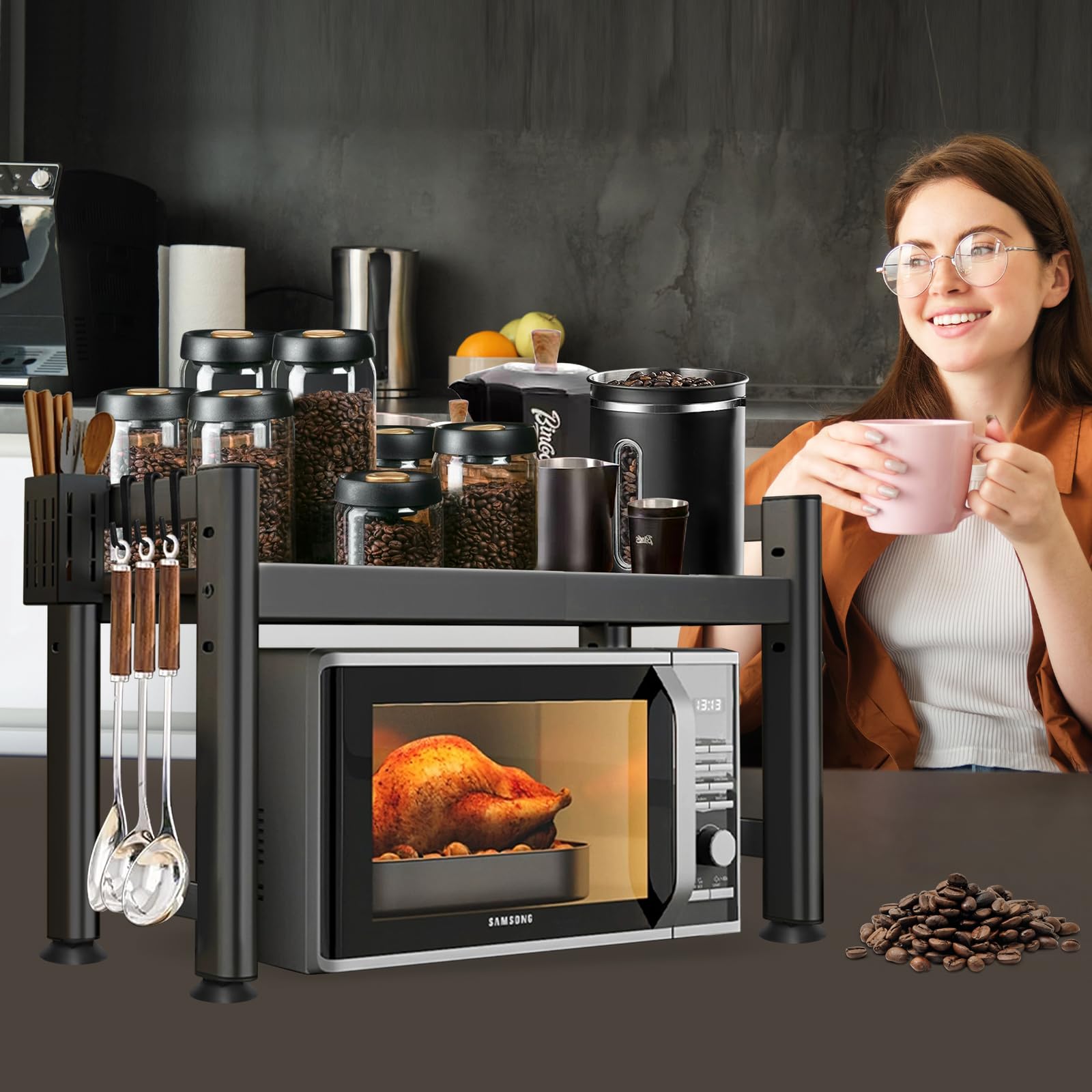 Mensola Microonde, Scaffale da Cucina Estensibile, Supporto Microonde Salvaspazio, Ripiano per Microonde con 6 Ganci 1 Porta Utensili da Cucina, Mobiletto Cucina Microonde Nero