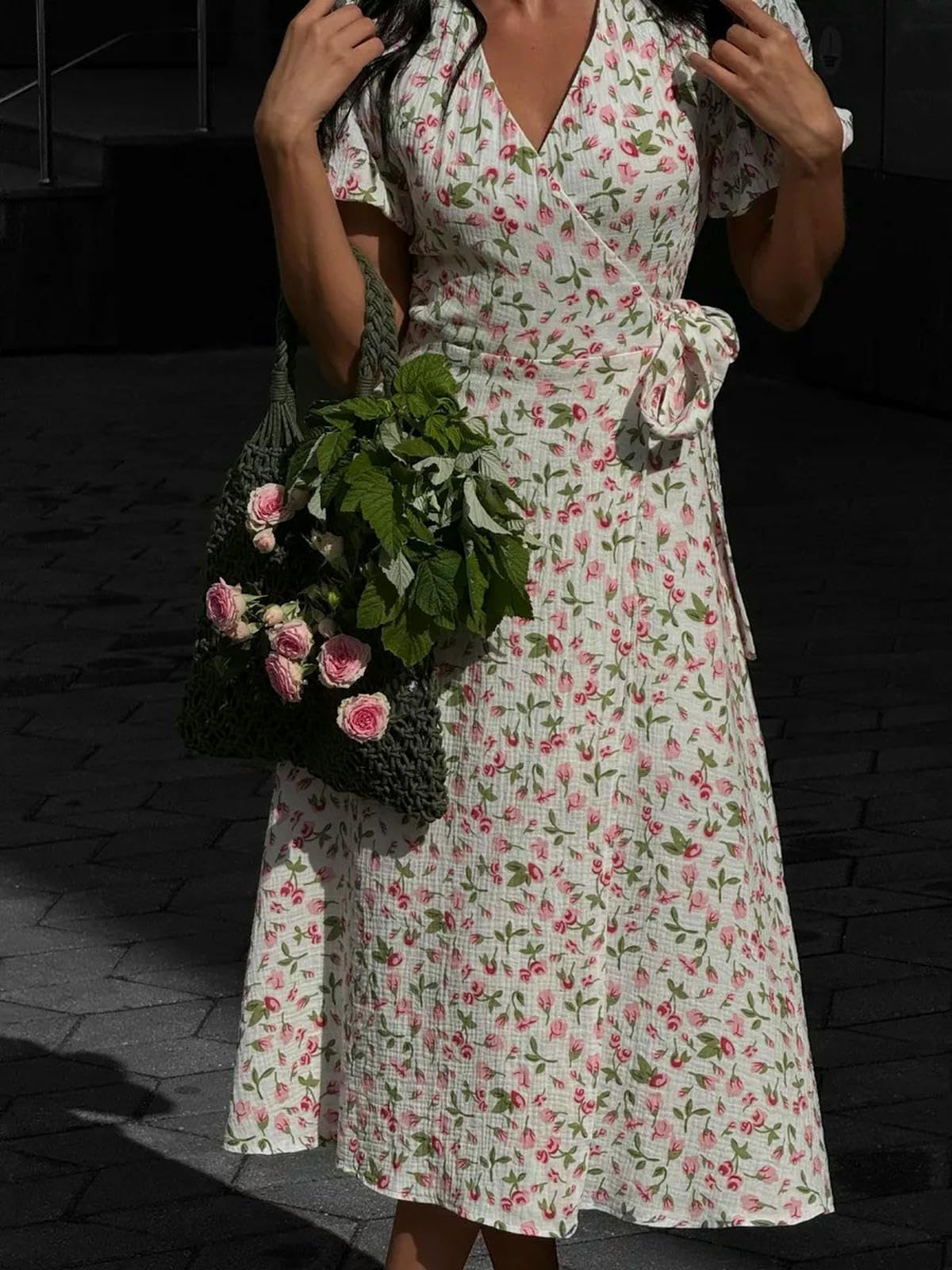 Robe Femme Maxi À Col en V Floral pour Femmes Manches Bouffantes-l'impression d'amour sur Fond Blanc-l