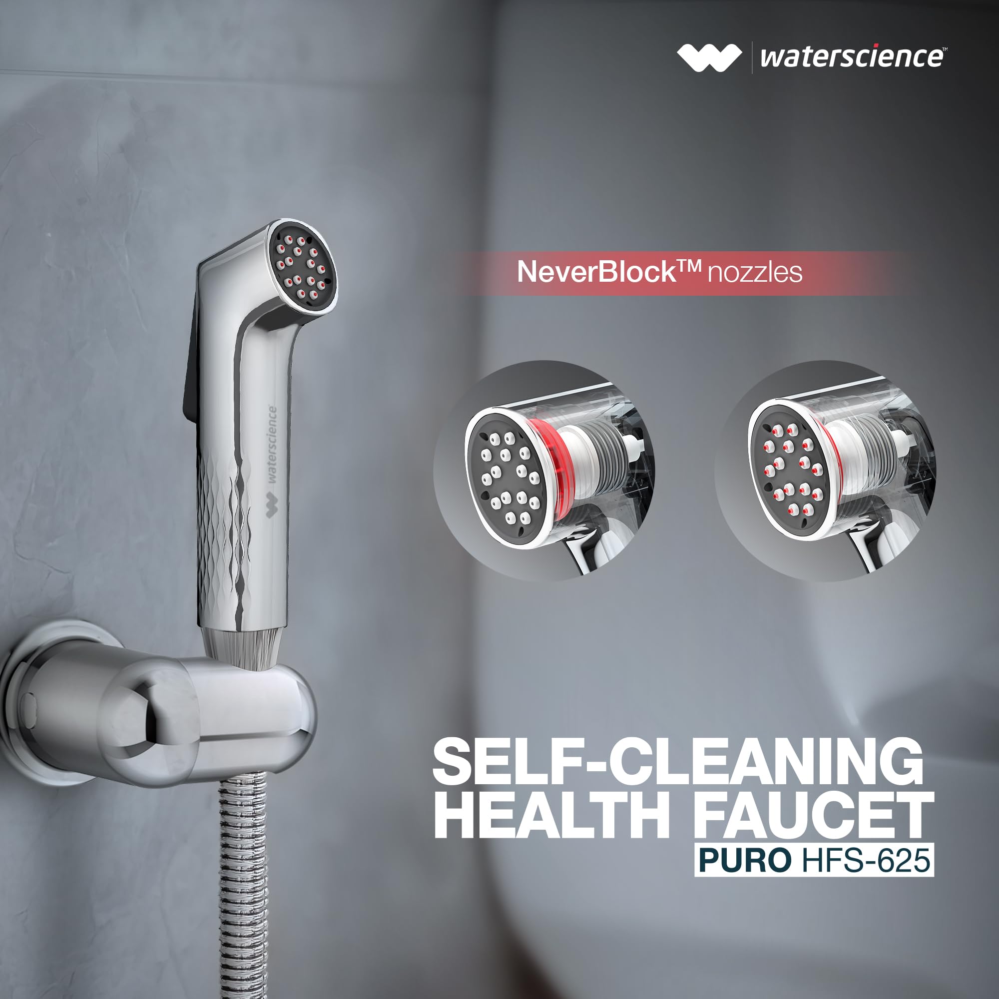 WaterScience NeverBlock™ Health Faucet for Toilet | Jet Spray | Self-Cleaning | Without Hose | Up to 40% Water Saving | Chrome Finish - PURO-HFS-625