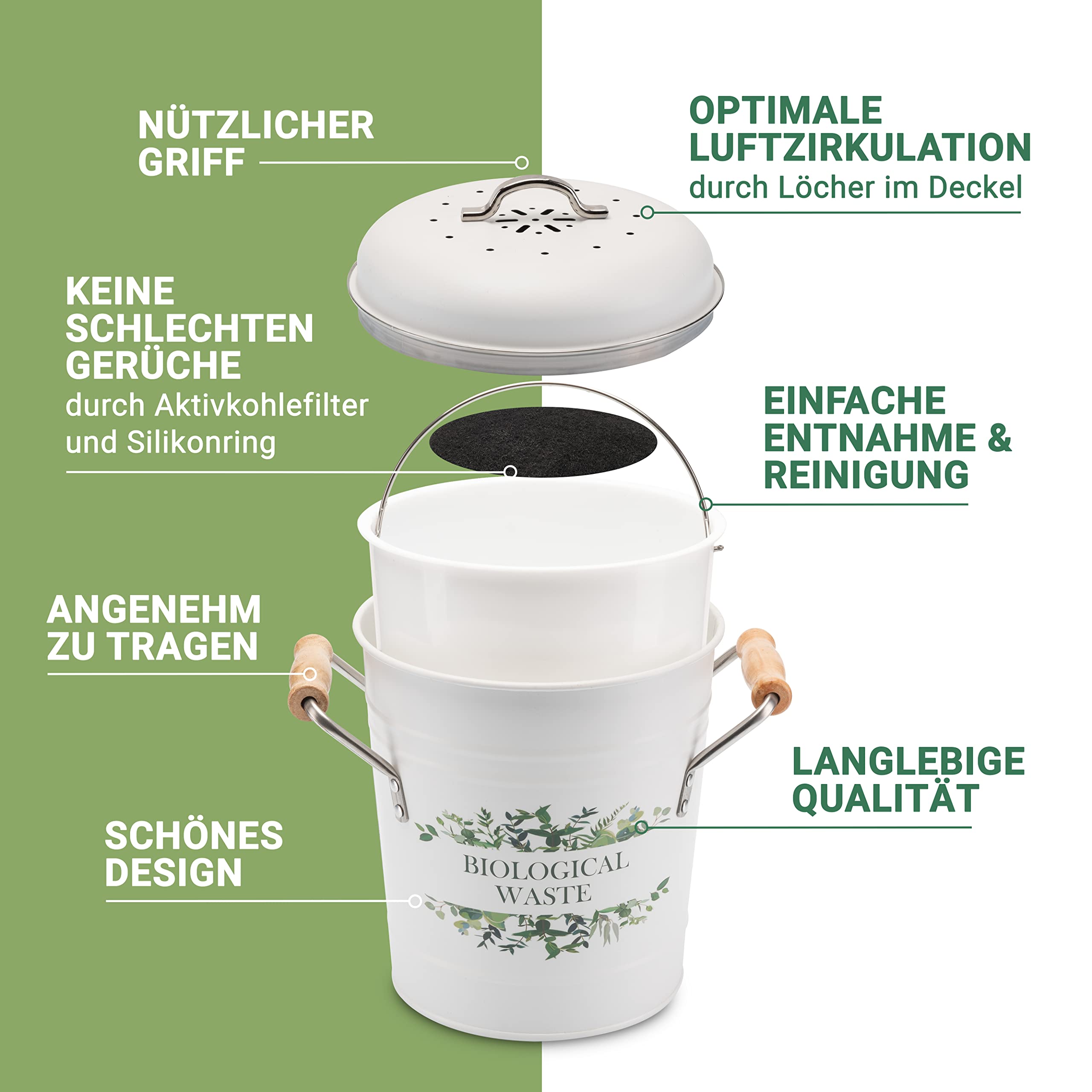 Tante SOE - Biomülleimer für die Küche mit Aktivkohlefilter (3 Liter, klein) Bio Mülleimer mit Deckel zur Geruchsneutralisierung - Metall Behälter/Eimer für Biomüll - Abfalleimer/Komposteimer in Weiß