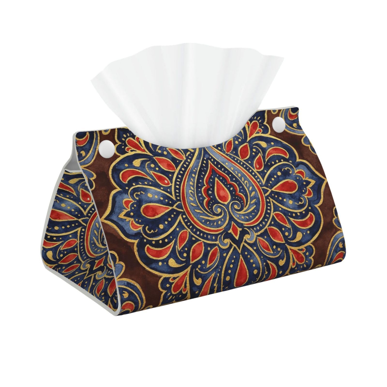Paisley Blue Gold Long Leather Tissue Box Cover-Waterproof PU Leather Tissue Holder for Bathroom, Decorative Rectangular Tissue Case