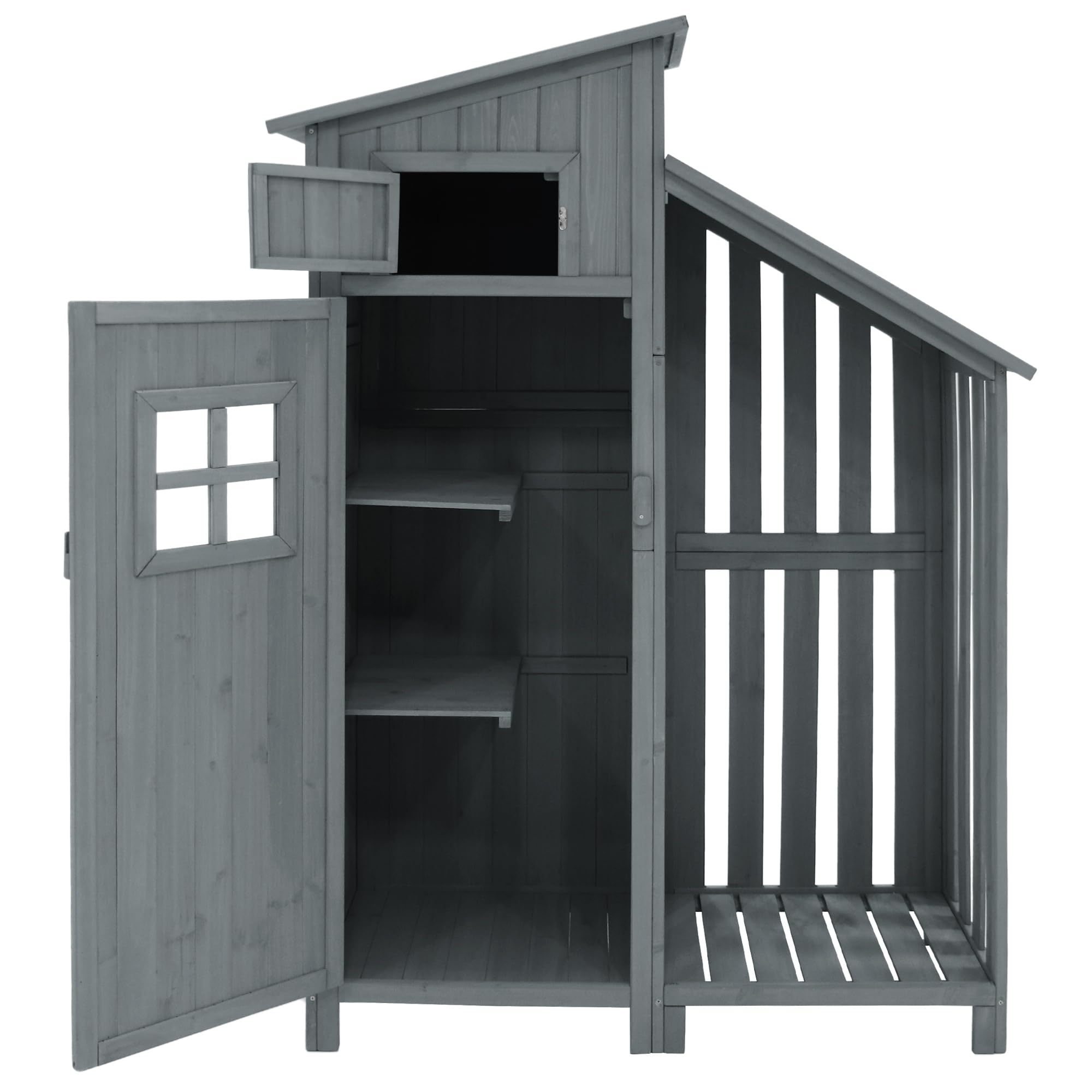 Armario de jardín de madera con 2 estantes, resistente a la intemperie para bicicletas y equipos (pequeño refugio de madera) para pequeños jardines y patios, color gris