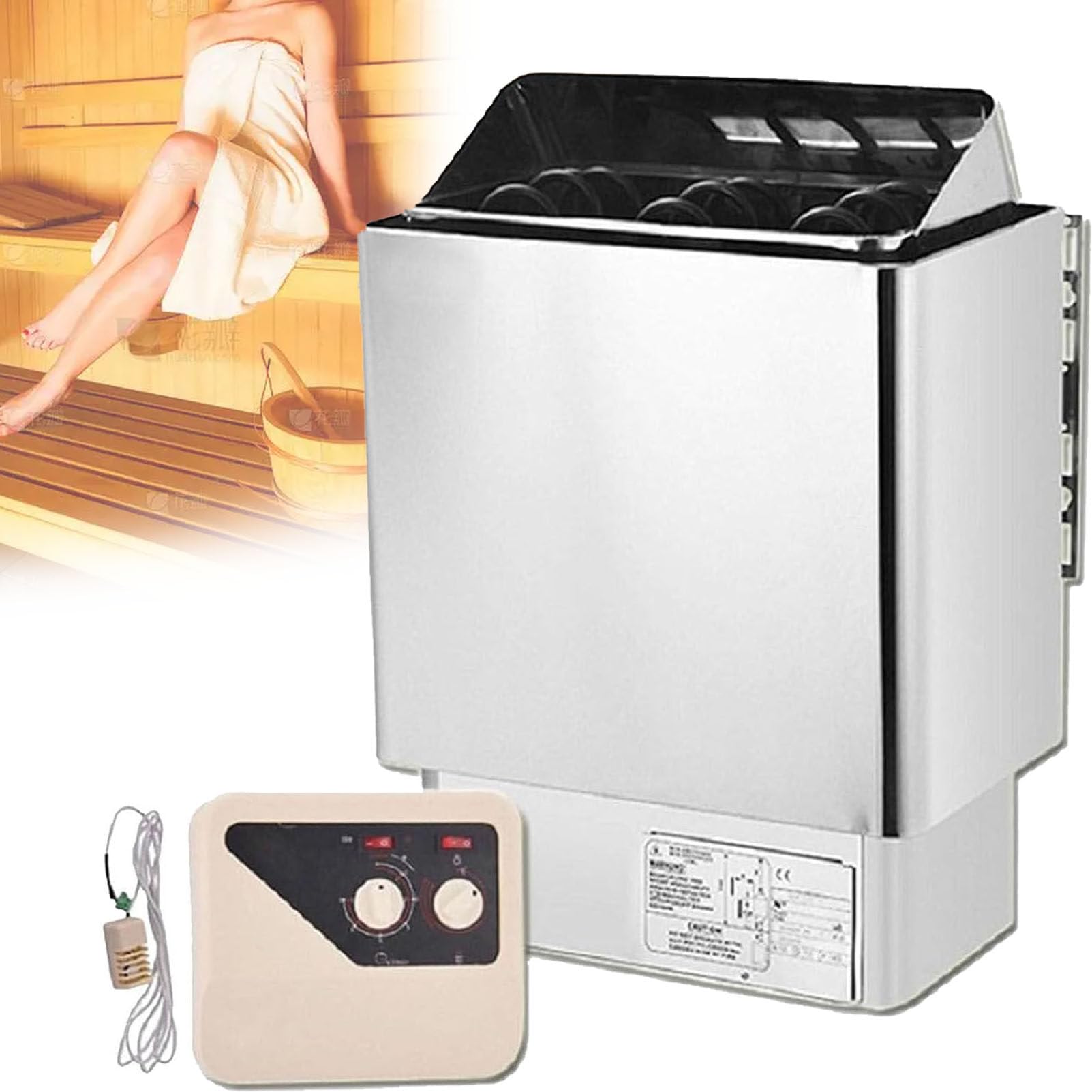 PioMue Sauna Heating Stove, Stainless Steel Sauna Oven, External Controller, Timer 0-180 Min, Temperature Range 0-100℃, Suitable for Wet & Dry Sauna Rooms 220V-4.5KW