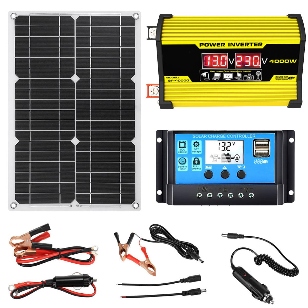 Kit Complet D'énergie Solaire, Panneau Solaire 400W Et Kit Inverseur, Convertisseur D'énergie Solaire 12V à 110/220V, Contrôleur 30A avec 2 Ports USB,Yellow