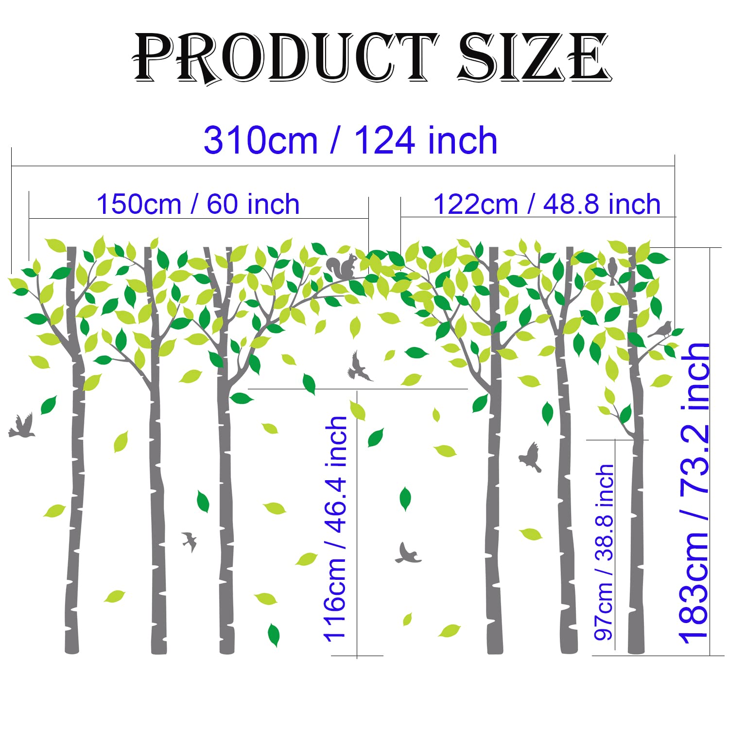 Sei adesivi da parete con albero di betulla, con uccelli, scoiattolo, foresta, albero, adesivo da parete, decorazione per camera dei bambini, camera da letto, soggiorno, aula (grigio, verde)