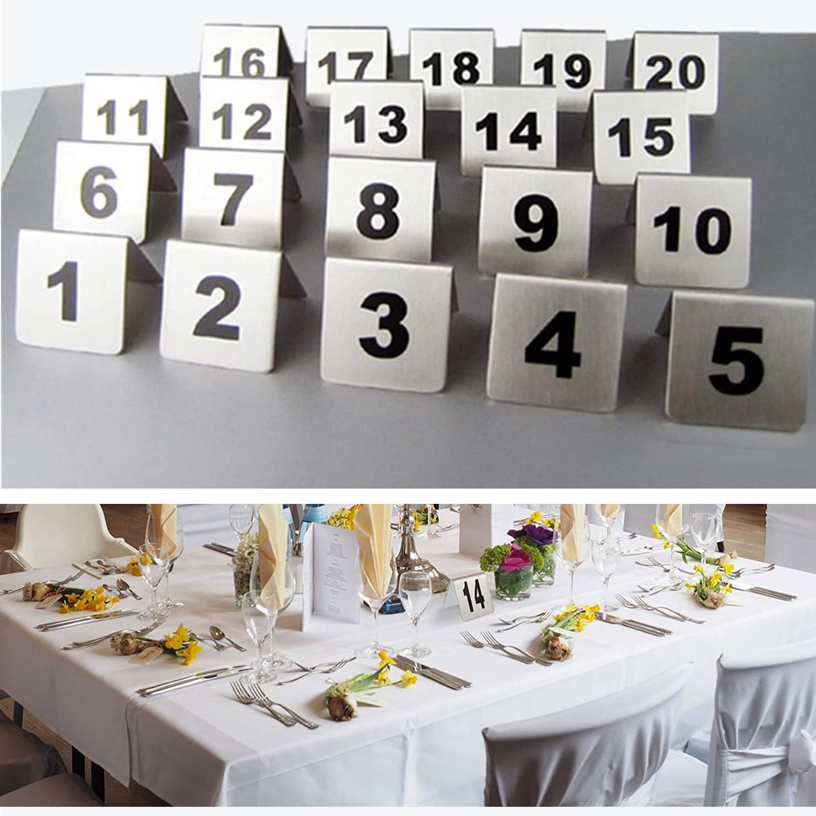 Letreros para mesa de restaurante, soportes para números de mesa estilo carpa de acero inoxidable, usos para restaurantes, cafeterías, pizzerías, número 1-20/50/100, tarjetas de números de mesa a