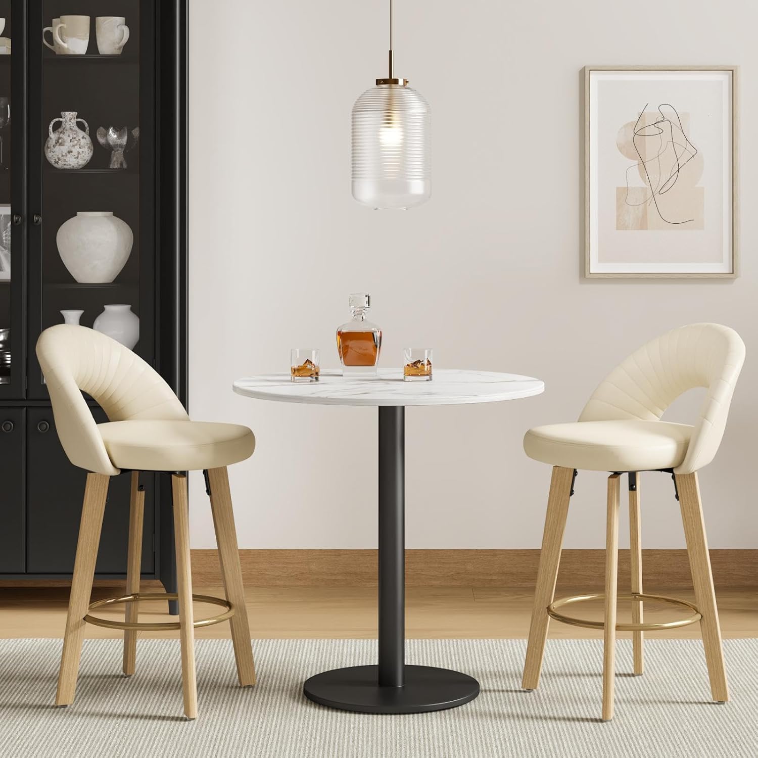 Bar Stools Set of 2, Swivel Counter Height Bar Stools with Bentwood Legs,Metal Footrest,Mid Century Modern Faux Leather Upholstered Counter Stools for Kitchen Island, Bar, Restaurant-Beige