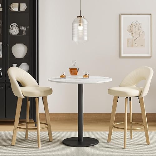 Miniatura 4 de Juego de 2 taburetes de bar giratorios de altura de mostrador con patas de madera curvada, reposapiés de metal, modernos de mediados de siglo