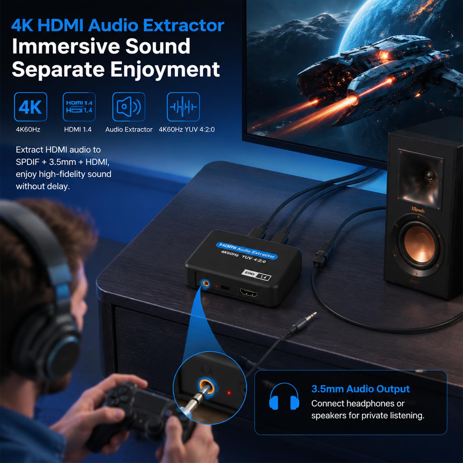 HDMI Audio Extractor, Optical SPDIF Audio Splitter Toslink + 3.5mm Ausgang, 4K 60Hz Konverter Adapter für Fire TV Stick PS5 Xbox PC Laptop, EDID Umschaltung, für Soundbar und Verstärker