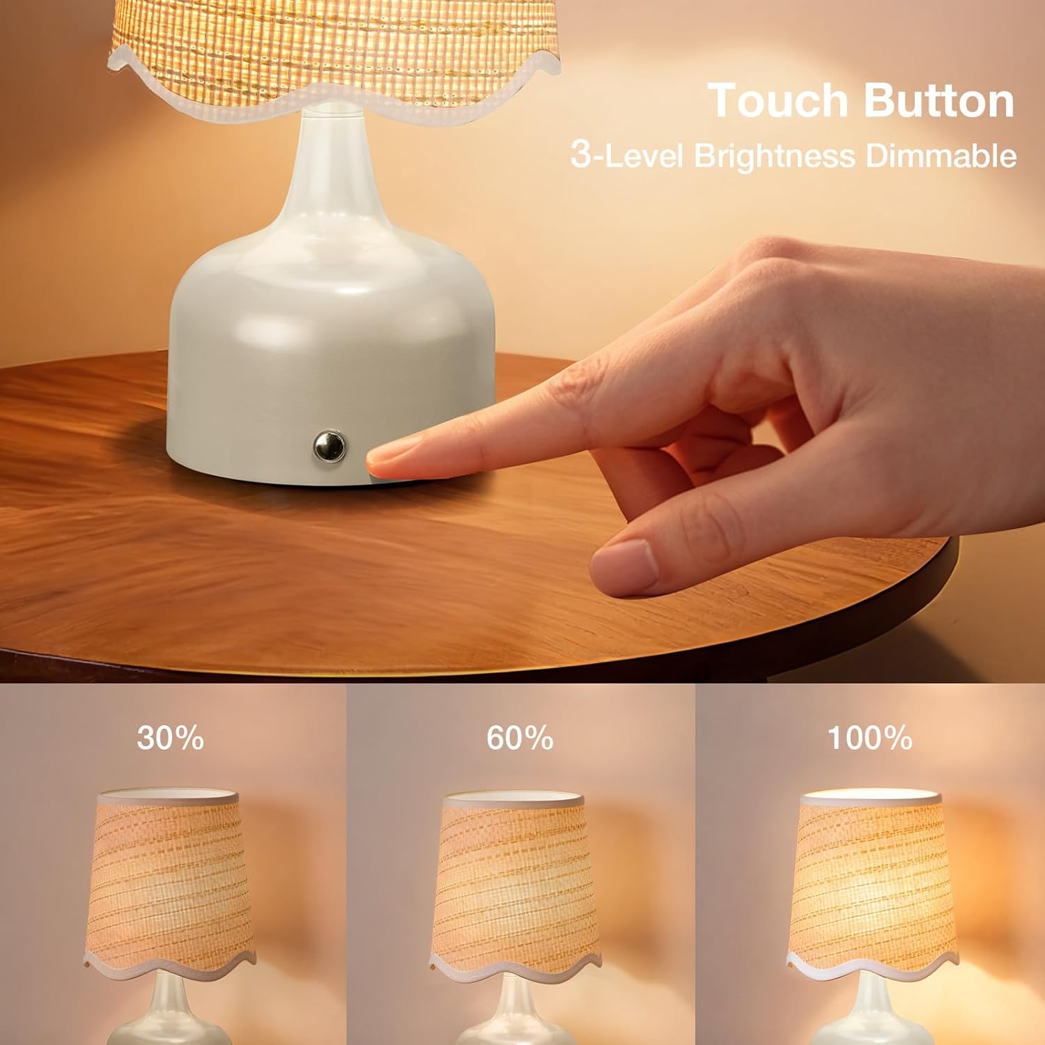 Cordless Boho Table Lamp Beige, Scalloped Wicker Shade, 5200-mAh Rechargeable Battery, 3-Way Dimmable, Build-in Integrated LED 320 Lumen Max, for Bedside Living Room
