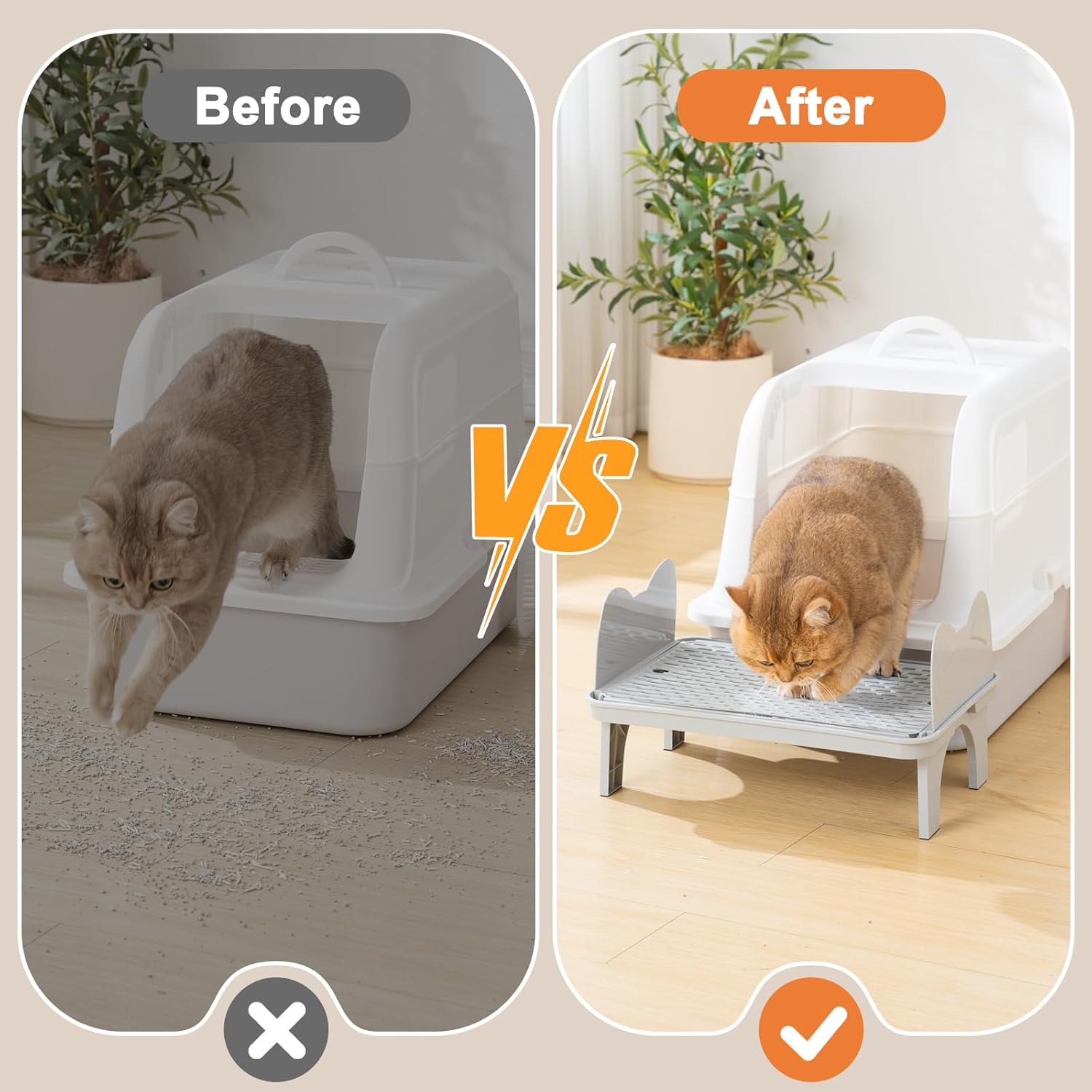 Uross Cat Litter Box Step, Extra Large Litter Box Ramp/Stairs with Detachable Splash-Proof Side Baffles, Anti-Tracking Litter Catcher, Easy to Clean, Non-Slip Step for Small & Elderly Cats (Grey)
