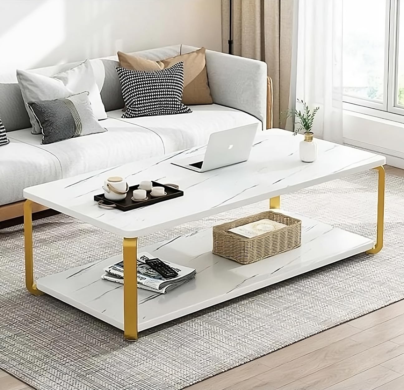 Homes Element Engineered Wood Center Table Tea Coffee Table End Table Nesting Table Bed Sofa Side Table for Living Room Bedroom Reception Office Bungalow 100x48x43cm Marble Pattern (White)—D.I.Y.