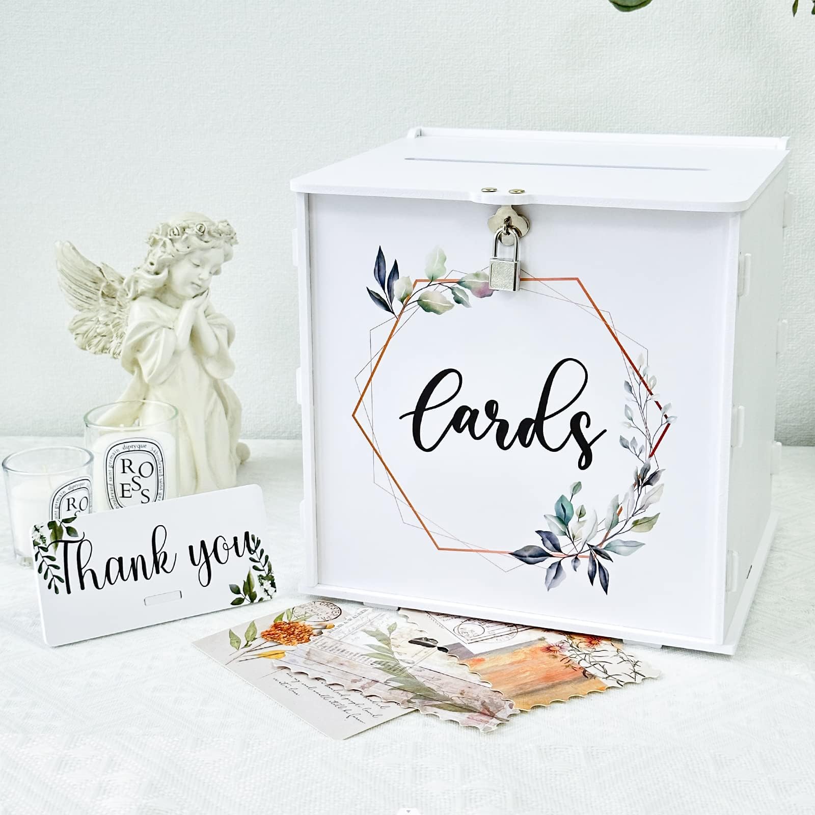 GUDELAK White Wedding Card Box with Lock, PVC Gift Card Box for Wedding Reception, Eucalyptus DIY Wedding Envelope Money Card Box for Party Graduation Birthday Baby Shower Decorations