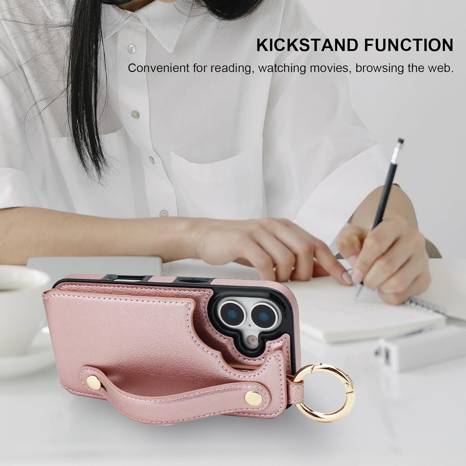 Folosu Wallet Case with Card Holder for iPhone 17, Hand Wrist Strap Loop Holder Kickstand, RFID Blocking Finger Grip Ring PU Leather Double Buttons Shockproof Cover 6.3" Rose Gold