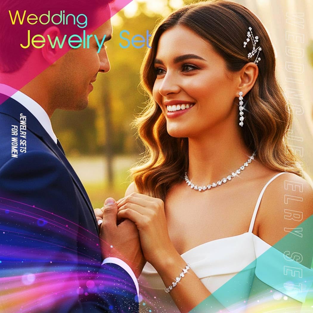 Aukmla Bridal Wedding Jewelry Set Silver Rhinestones Choker Necklaces Earrings Bracelet Sets Prom Jewelry for Women and Brides - Image 5