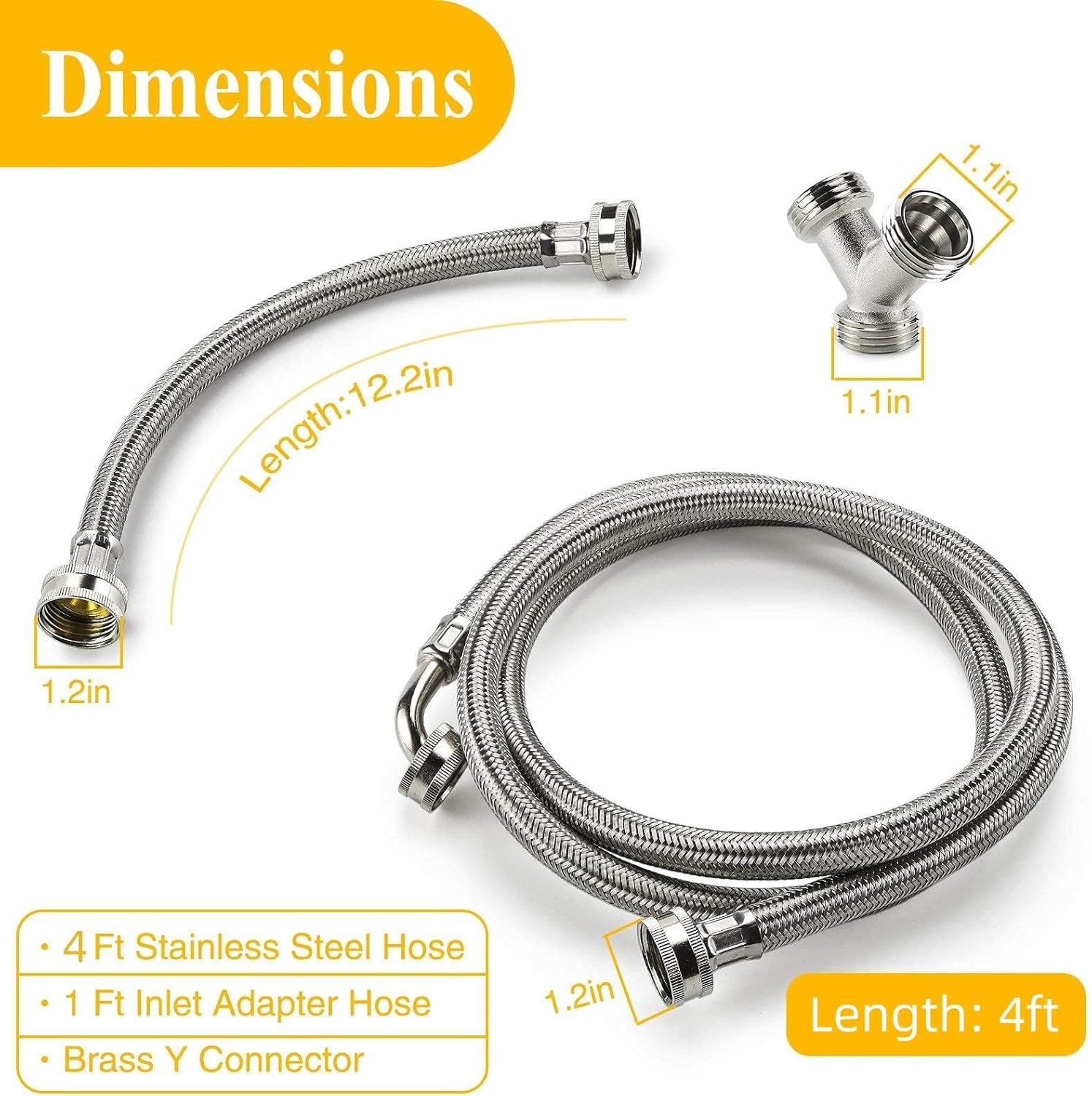 4 Ft Steam Dryer Hose Installation Kit - 90 Degree Elbow Stainless Steel Hose, 1 Ft Inlet Adapter and Y Connector, Fits All Normal Household Water Supply Lines by TOMOON