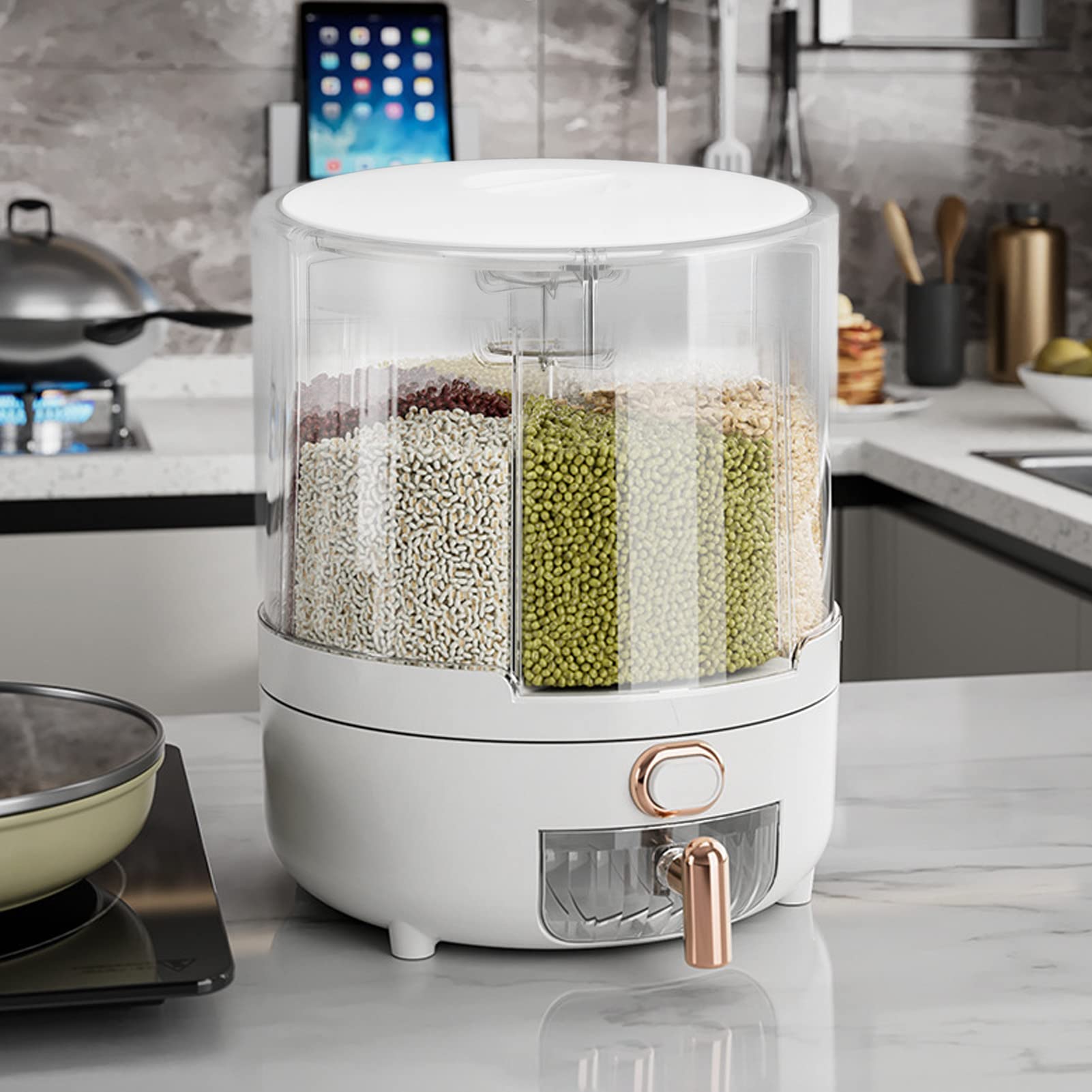 360 Rotating Grain Rice Bucket, Rice Storage Container with Measuring Cup, Drainage Cup Rice Dispenser for Kitchen Restaurant (GrcfumoIyvZYm-12)
