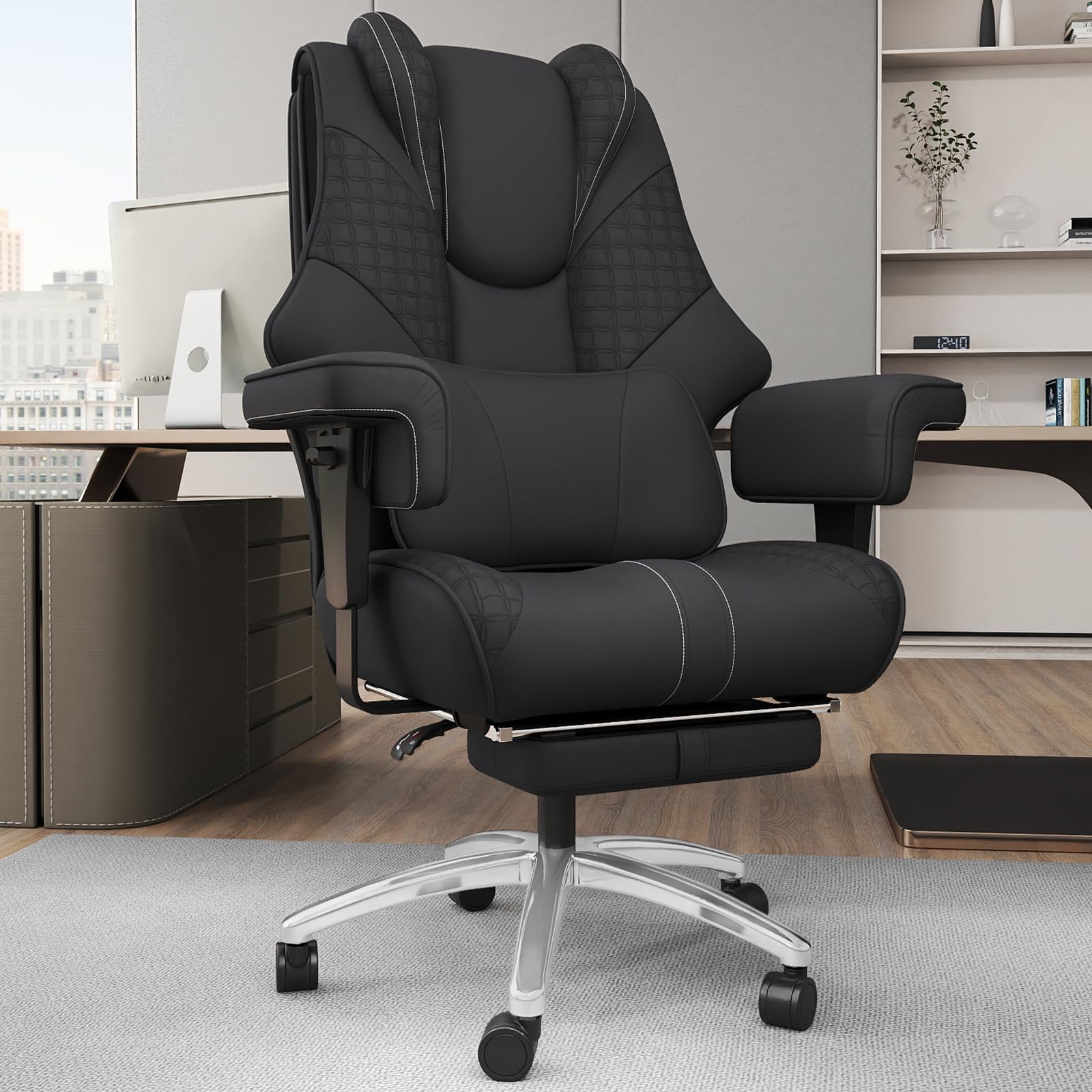 600lbs Big and Tall Office Chair, Wide Ergonomic Leather Executive Chair for Heavy People with Foot Rest, High-Back Reclining Computer Chair with Swivel Wheels and Lumbar Support (Black)