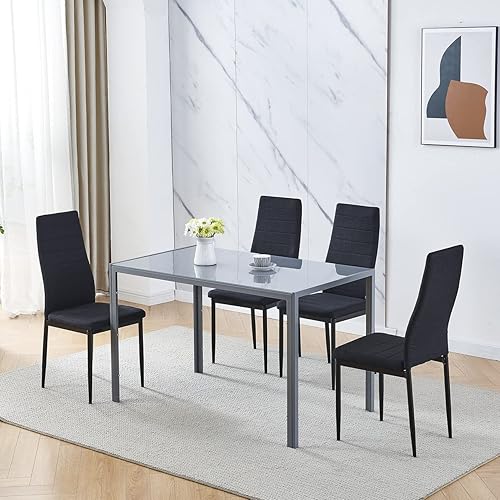 Miniatura 2 de Juego de 4 mesas de comedor y sillas negras modernas de 5 piezas para cocina pequeña, mesa rectangular de vidrio templado y 4 sillas de terciopelo