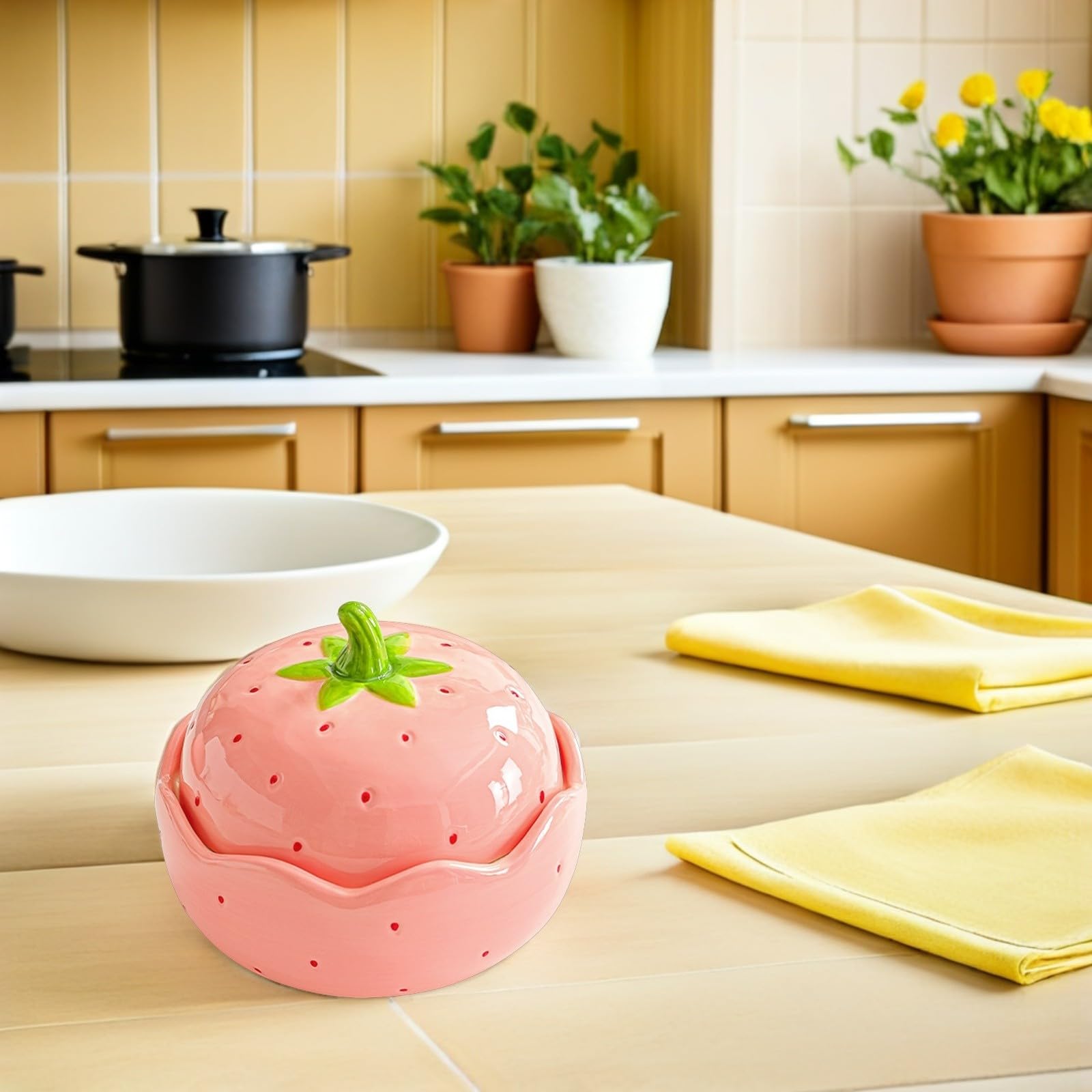 Kichvoe Tazón de Ramen de Cerámica Rosa Fresa con Tapa, 600 Ml | Diseño Decorativo Encantador, Apto para Rutinas Diarias y Trabajo, Conserva el Calor Frescura