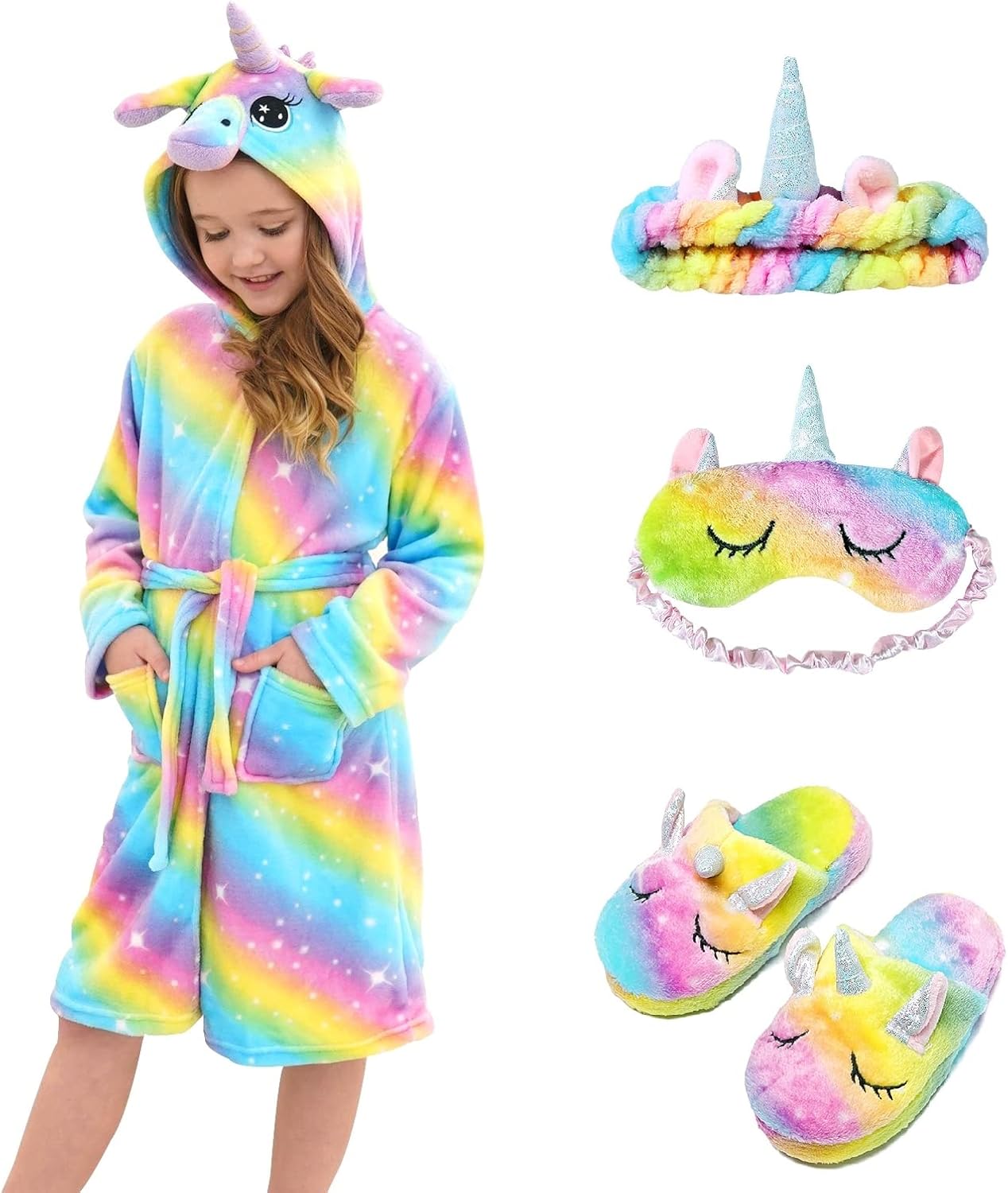 Bata de unicornio con capucha para niñas con pantuflas a juego y vendado con los ojos para niños