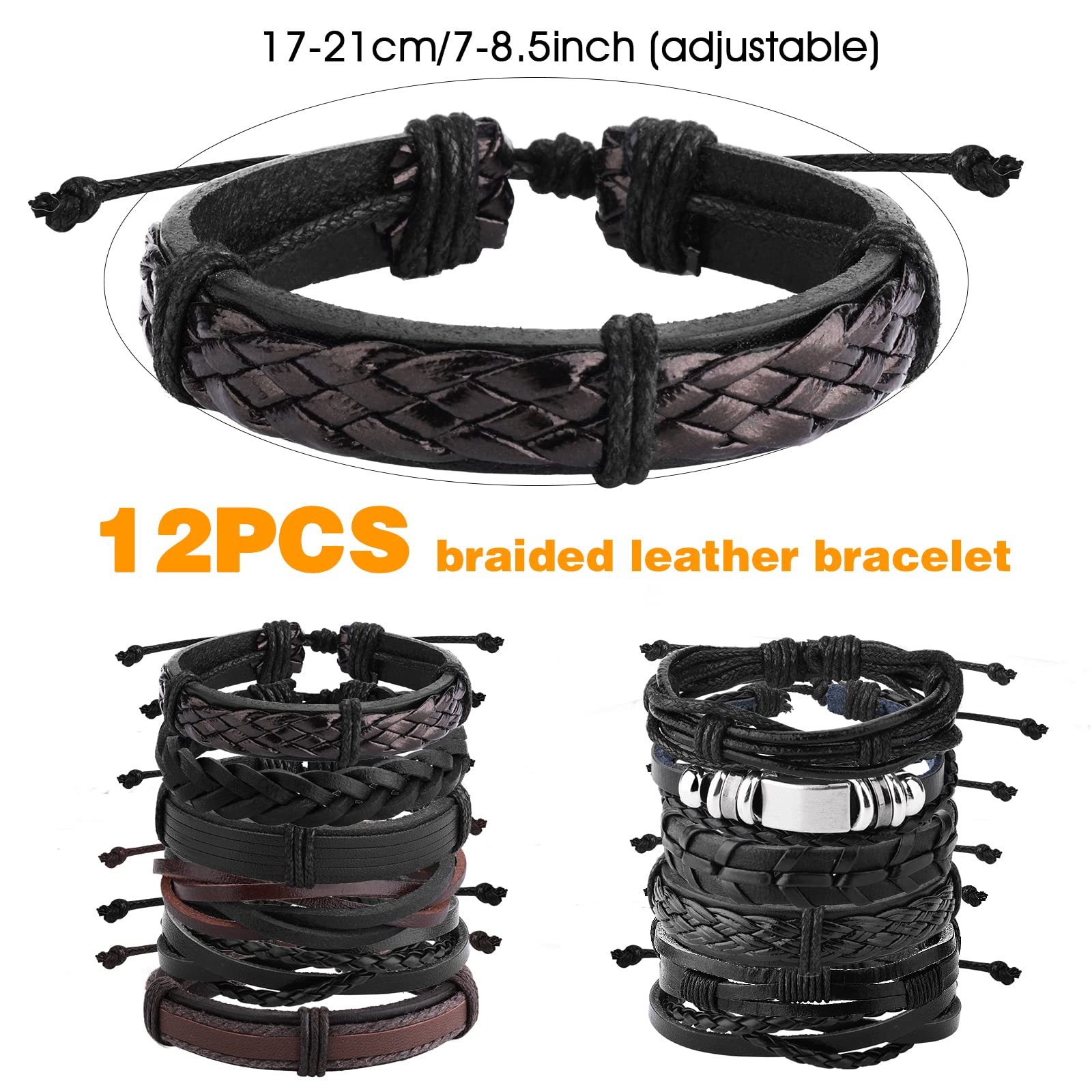 12 Pezzi Bracciali Pelle Intrecciata Uomo Braccialetto per Polsini da Donna Bracialete Nero Marrone Braccialetti Larghi in Pelle Intrecciata Bracciale Uomo Corda Regalo Amico