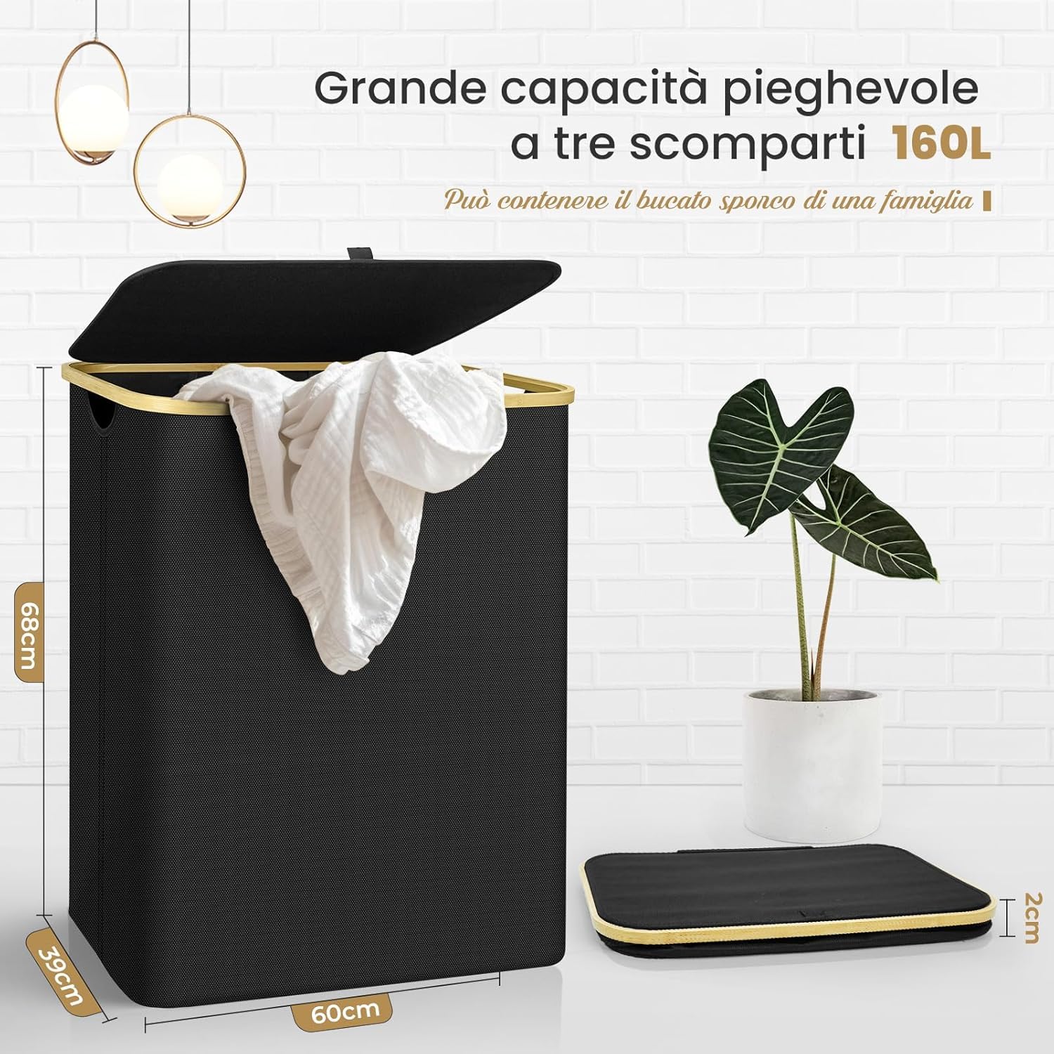 Cesto Portabiancheria 160L con 3 Scomparti e Coperchio, Pieghevole e Salvaspazio, Tessuto Oxford Impermeabile, Sacchetto Estraibile, Manici in Bambù per Lavanderia, Bagno, Camera