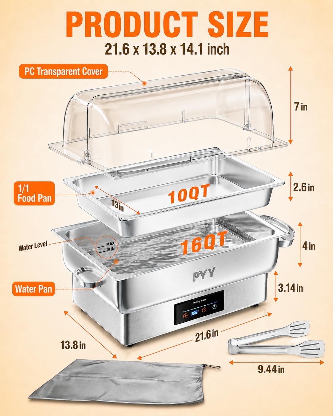 PYY Electric Chafing Dish for Buffet, 400W Stainless Steel Buffet Server and Warmer with Digital Touch Control, Clear Roll-Top Lid and 2 Half-Size Pans with Handles and Tray