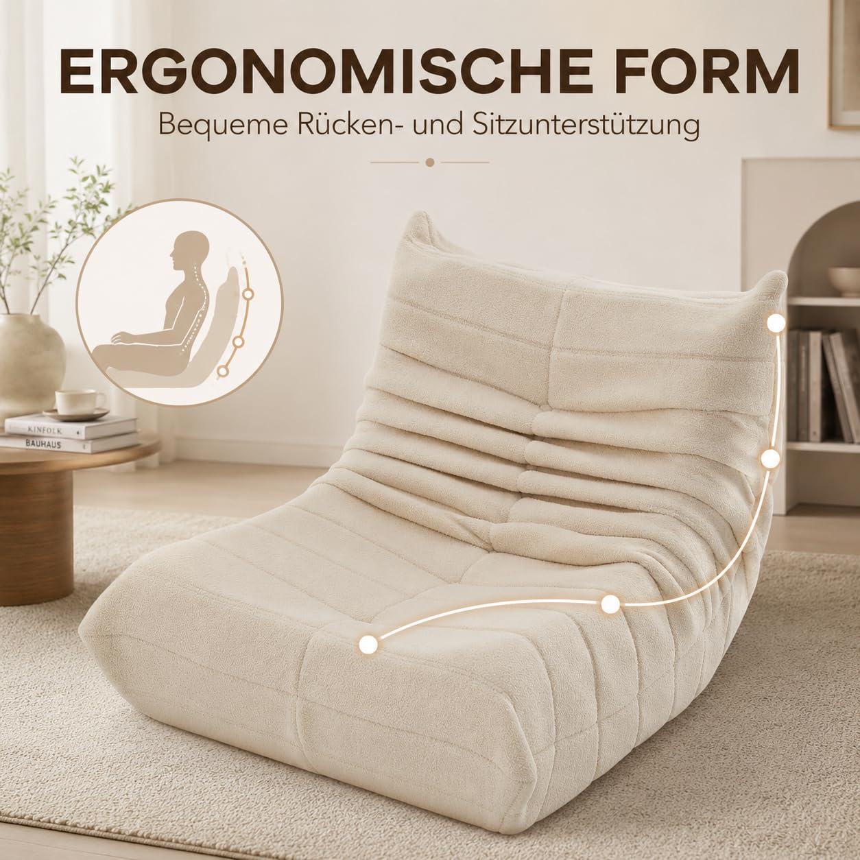 BRILVERDE Worek do siedzenia, sofa podłogowa, krzesło podłogowe z oparciem, Lazy sofa jagnięca, fotel do leżenia XXL, wygodny fotel do czytania, duży worek do siedzenia, do sypialni, salonu do