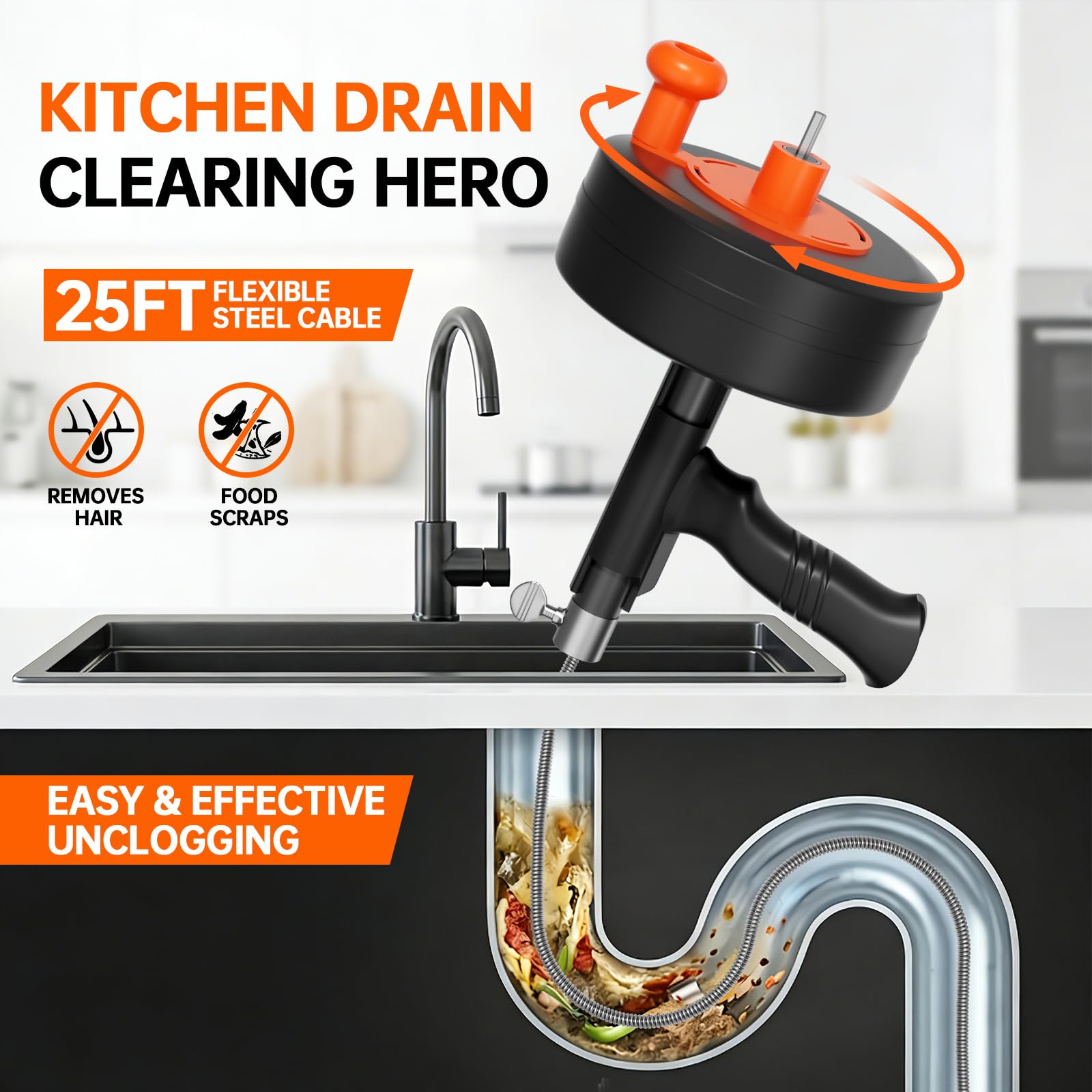 Taladro de drenaje resistente de 25 pies, serpiente de fontanería profesional con adaptador de taladro, removedor de obstrucciones manual y eléctrico para cocina, baño, fregadero de ducha y bañera