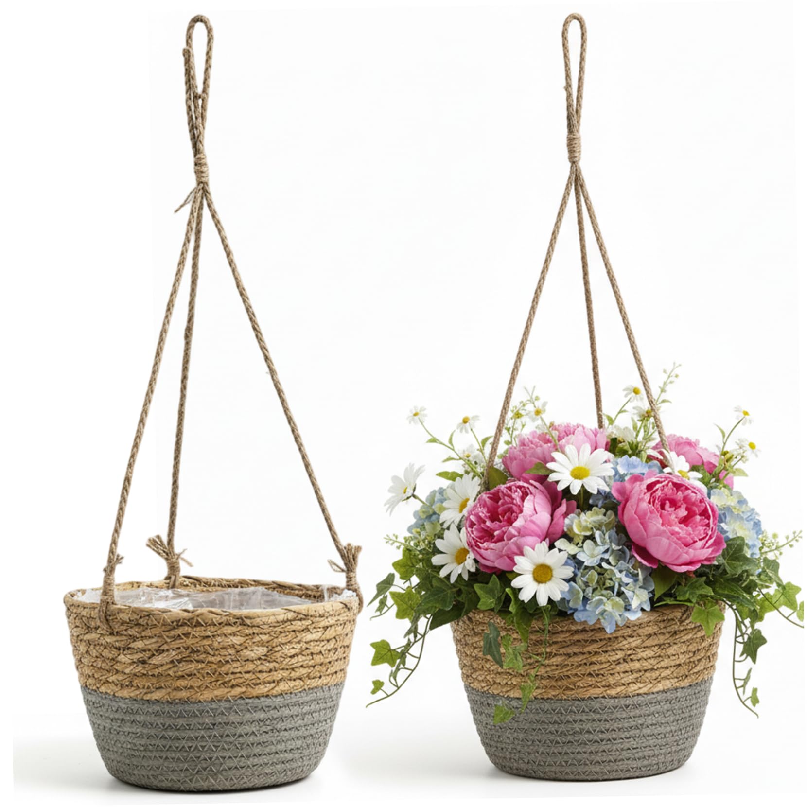 Ameble 2 Pack Hanging Basket Natural Seagrass Indoor Hanging Planter for Boho Home Decor, Plant Display for Garden, Patio, Balcony and Living Room, Grey