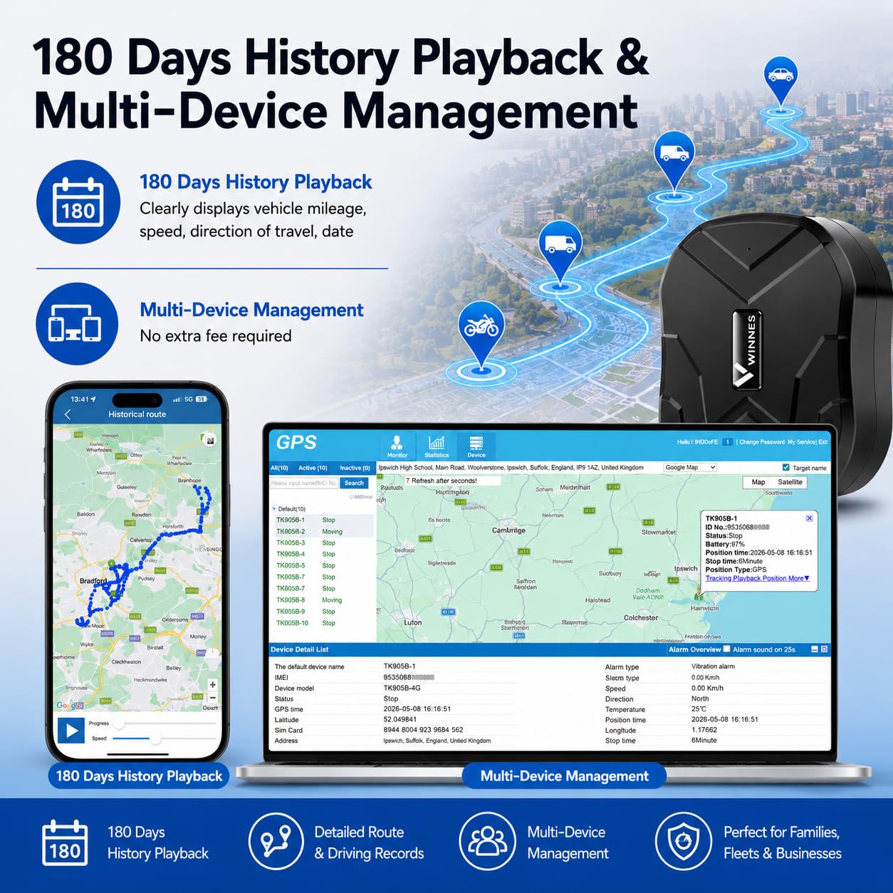 4G GPS Tracker per Auto Localizzatore GPS per auto 10000mah Impermeabile IP67 APP Compatibile iOS e Android,Antifurto,Geo-fence,Tracking in Tempo Reale per Veicolo,Camion,Winnes 4G TK905B