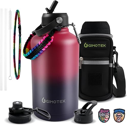 Botella de agua aislada con bolsa de transporte, botella de agua de acero inoxidable de boca ancha de 64 onzas con tapas, paracord, cepillo de