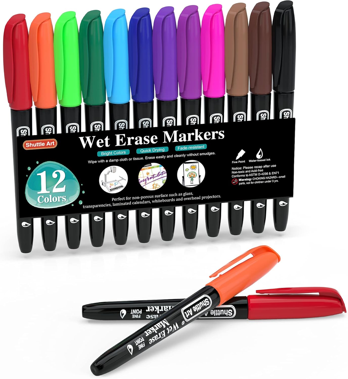 Shuttle Art Wet Erase Markers, 12 Colors 1mm Fine Tip SmudgeFree