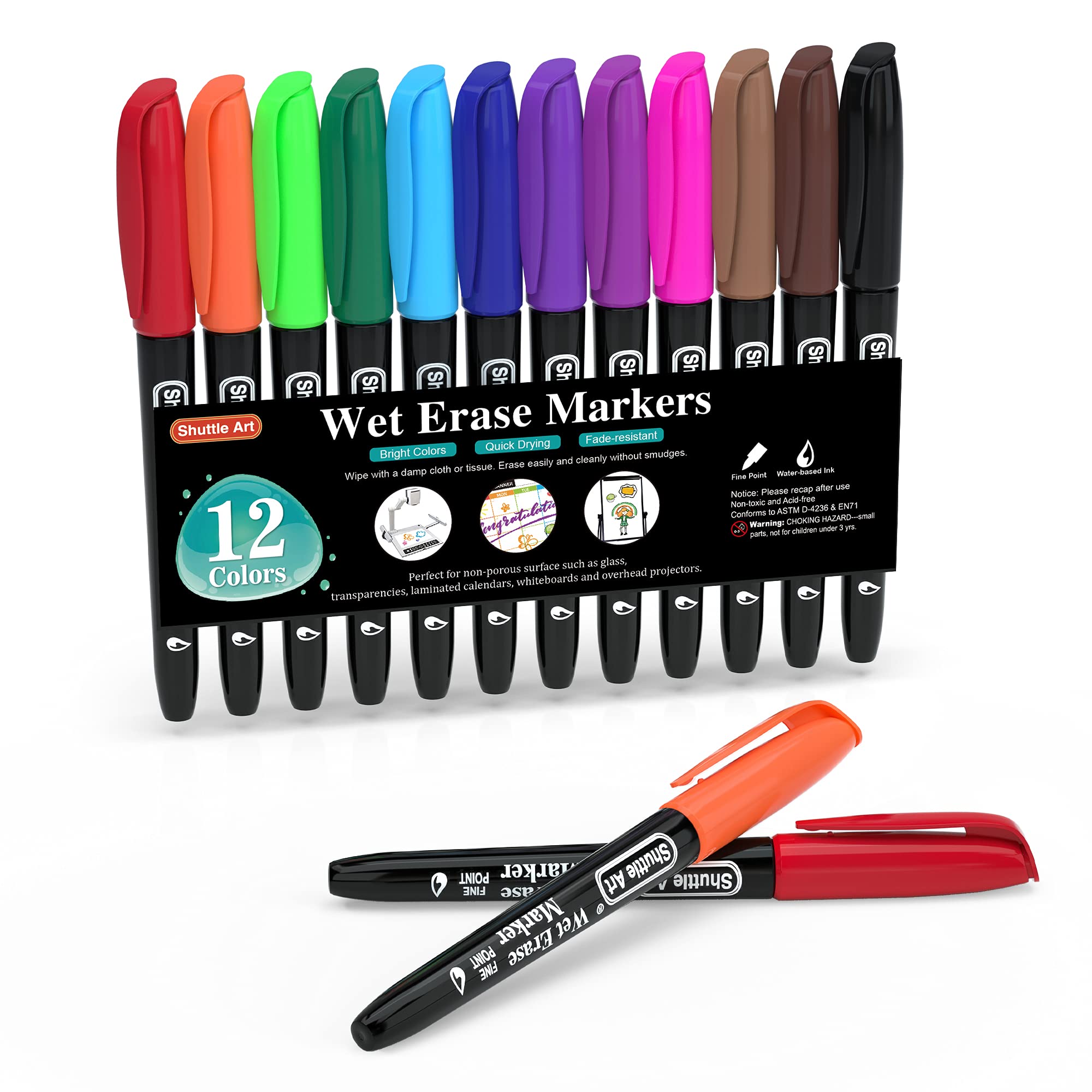 Shuttle Art Wet Erase Markers, 12 Colors 1mm Fine Tip Smudge-Free Markers, Use on Laminated Calendars,Overhead Projectors,Schedules,Whiteboards,Transparencies,Glass,Wipe with Water