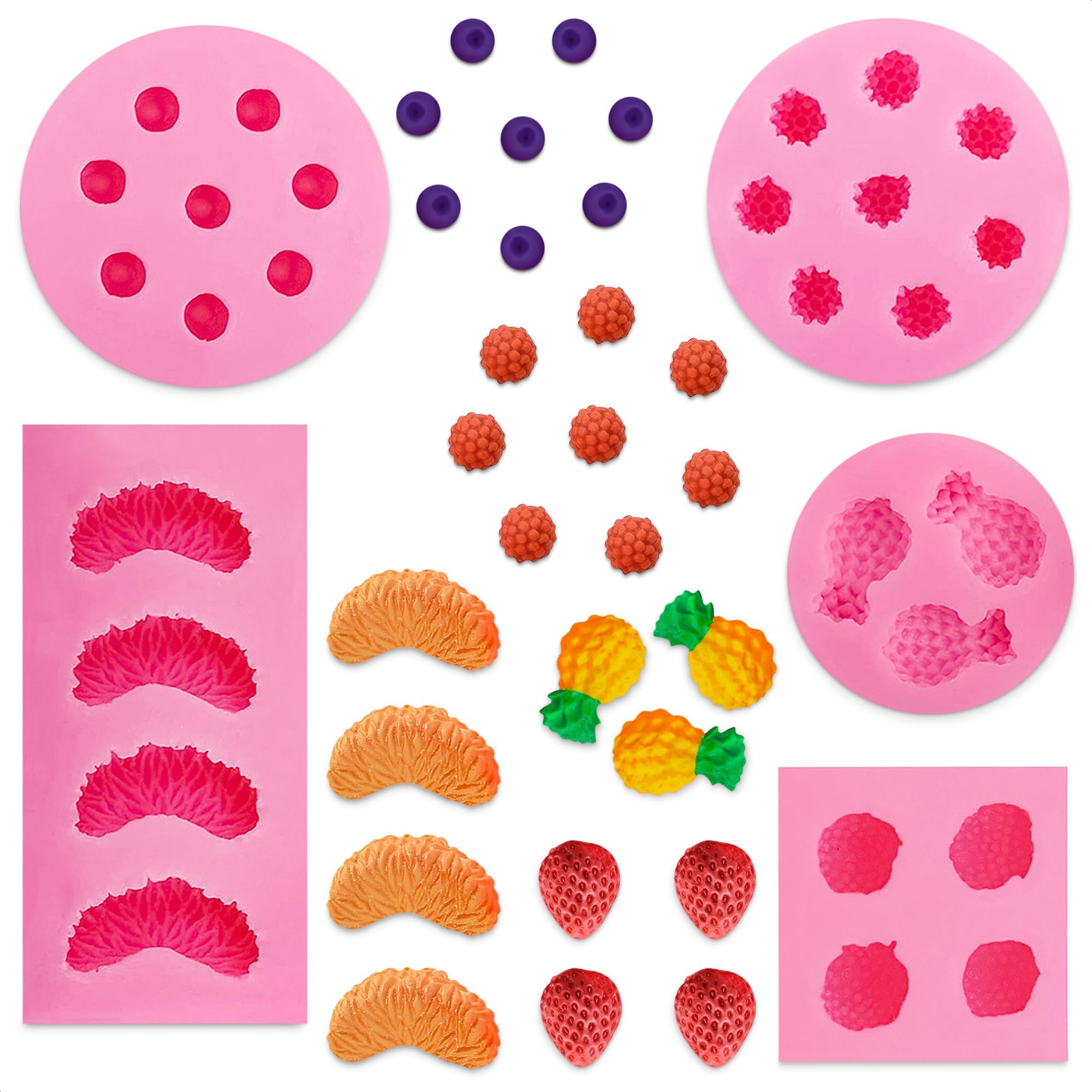 5 Pcs Fruit Snack Molds Silicone – Gummy Molds Silicone & Candy Mold Set with Pineapple, Orange Slice, Strawberry & Raspberry Shapes – Gummy Mold for Fun Homemade Gummies & Treats